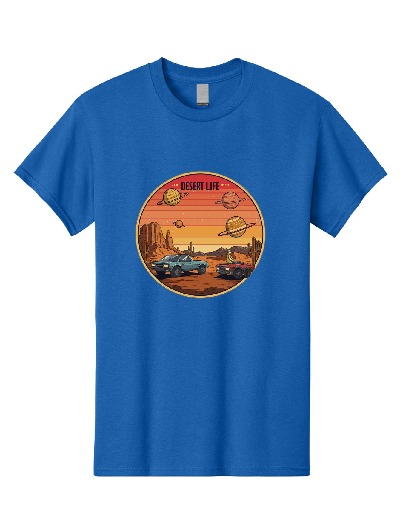 Desert-Life-3 Men'S Graphic Tee, 100% Cotton, Comfortable Casual Summer Wear, Machine Washable, Desert Landscape, Vintage Cars, Futuristic Planets, Rocky Terrain, Orange Sunset, Adventure Scene, Retro-Futuristic, Space Travel, Bac989