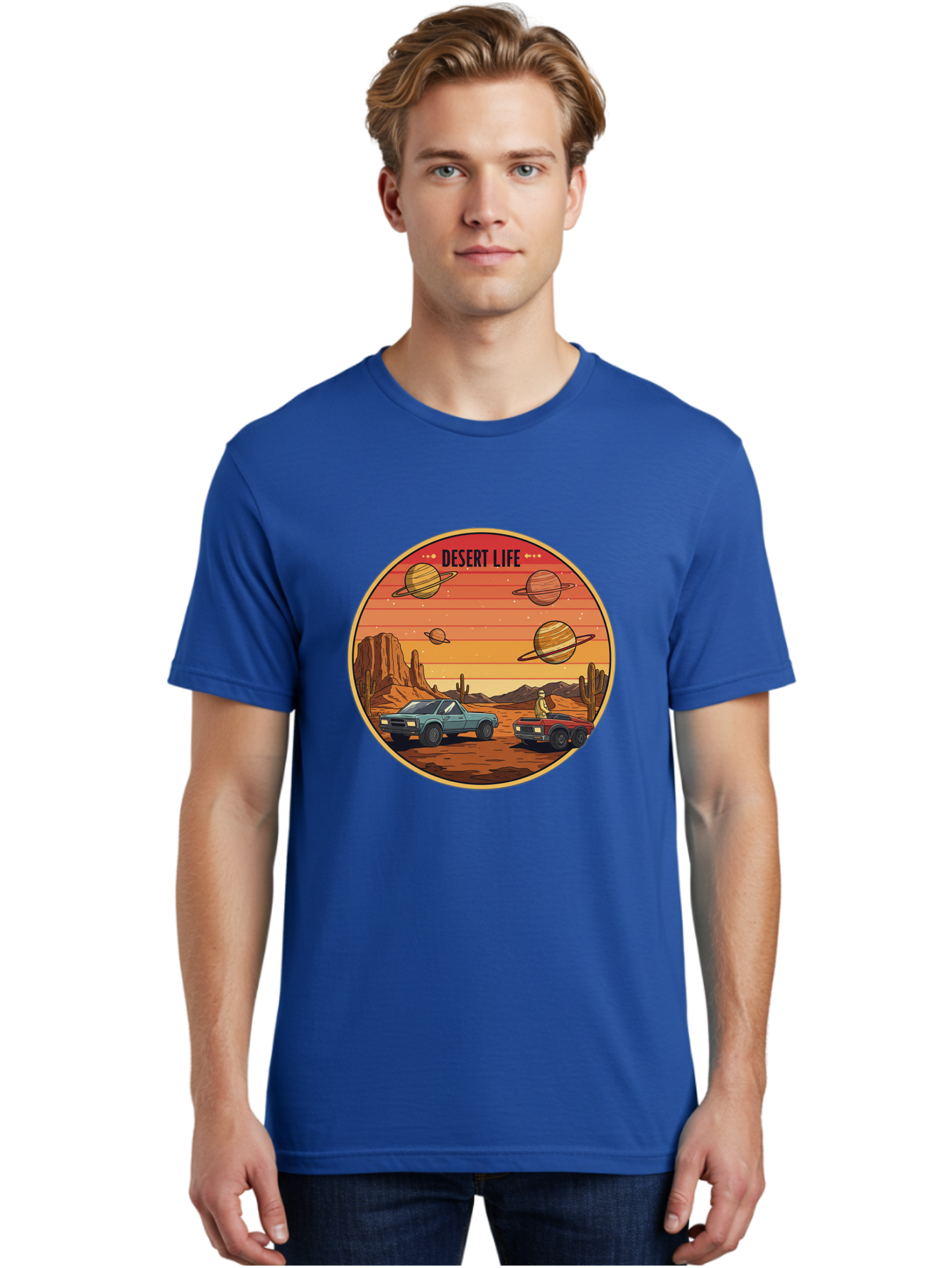 Desert-Life-3 Men'S Graphic Tee, 100% Cotton, Comfortable Casual Summer Wear, Machine Washable, Desert Landscape, Vintage Cars, Futuristic Planets, Rocky Terrain, Orange Sunset, Adventure Scene, Retro-Futuristic, Space Travel, Bac989