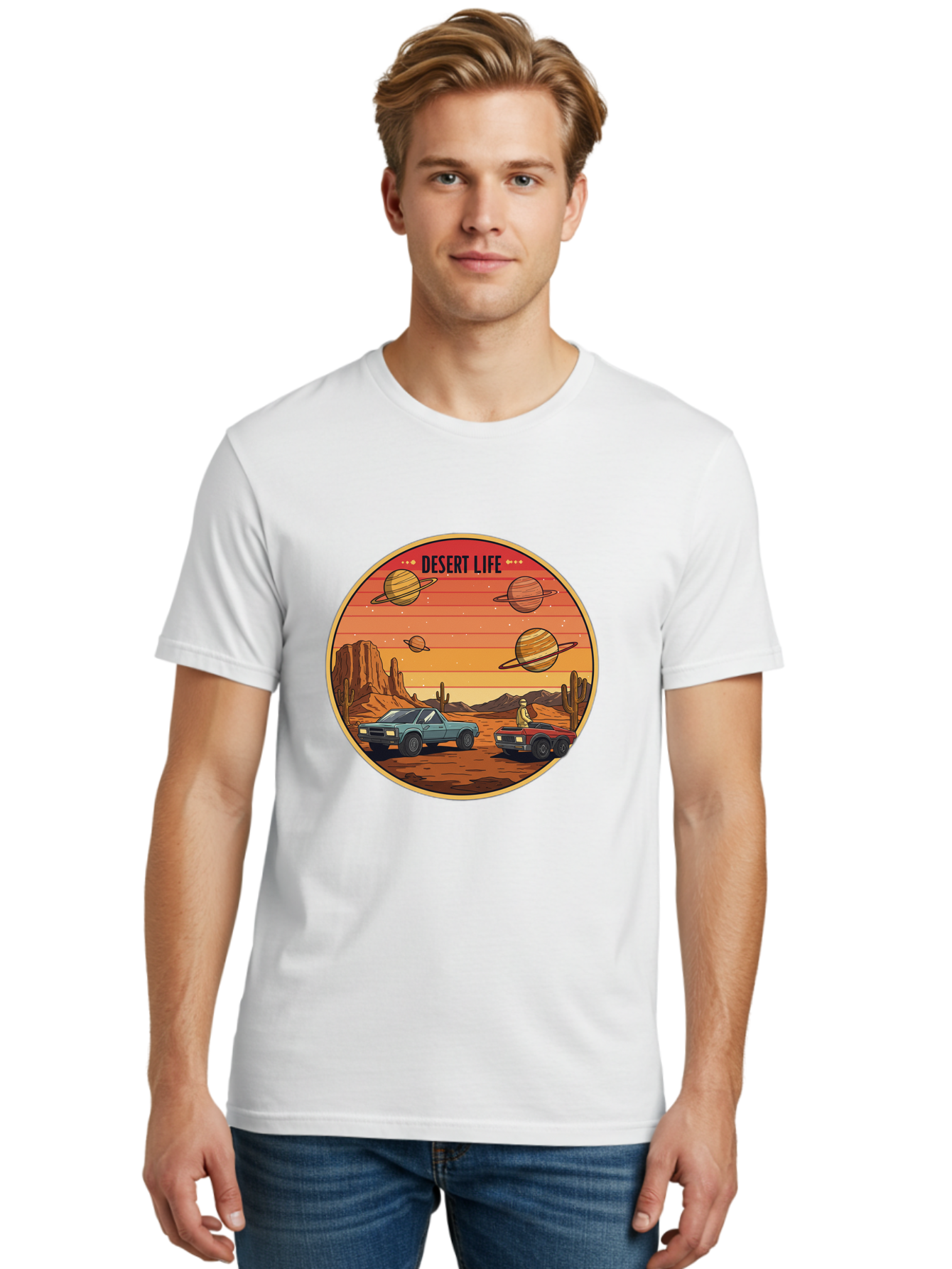 Desert-Life-3 Men'S Graphic Tee, 100% Cotton, Comfortable Casual Summer Wear, Machine Washable, Desert Landscape, Vintage Cars, Futuristic Planets, Rocky Terrain, Orange Sunset, Adventure Scene, Retro-Futuristic, Space Travel, Bac989