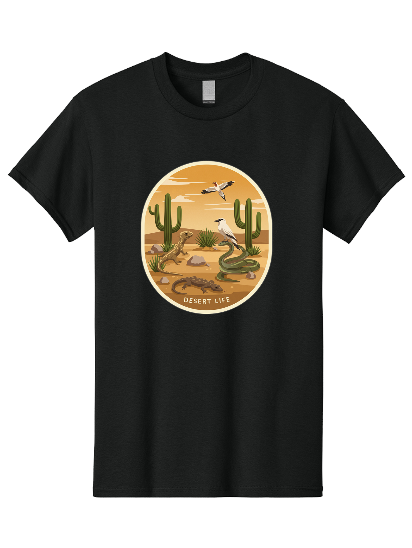 Desert-Life-4 Men'S Graphic Tee, 100% Cotton, Comfortable Casual Summer Wear, Machine Washable, Desert Wildlife, Cacti, Lizards, Snakes, Birds, Desert Scenery, Wildlife Habitat, Arid Landscape, Nature Illustration, Outdoor Wildlife, Bac990