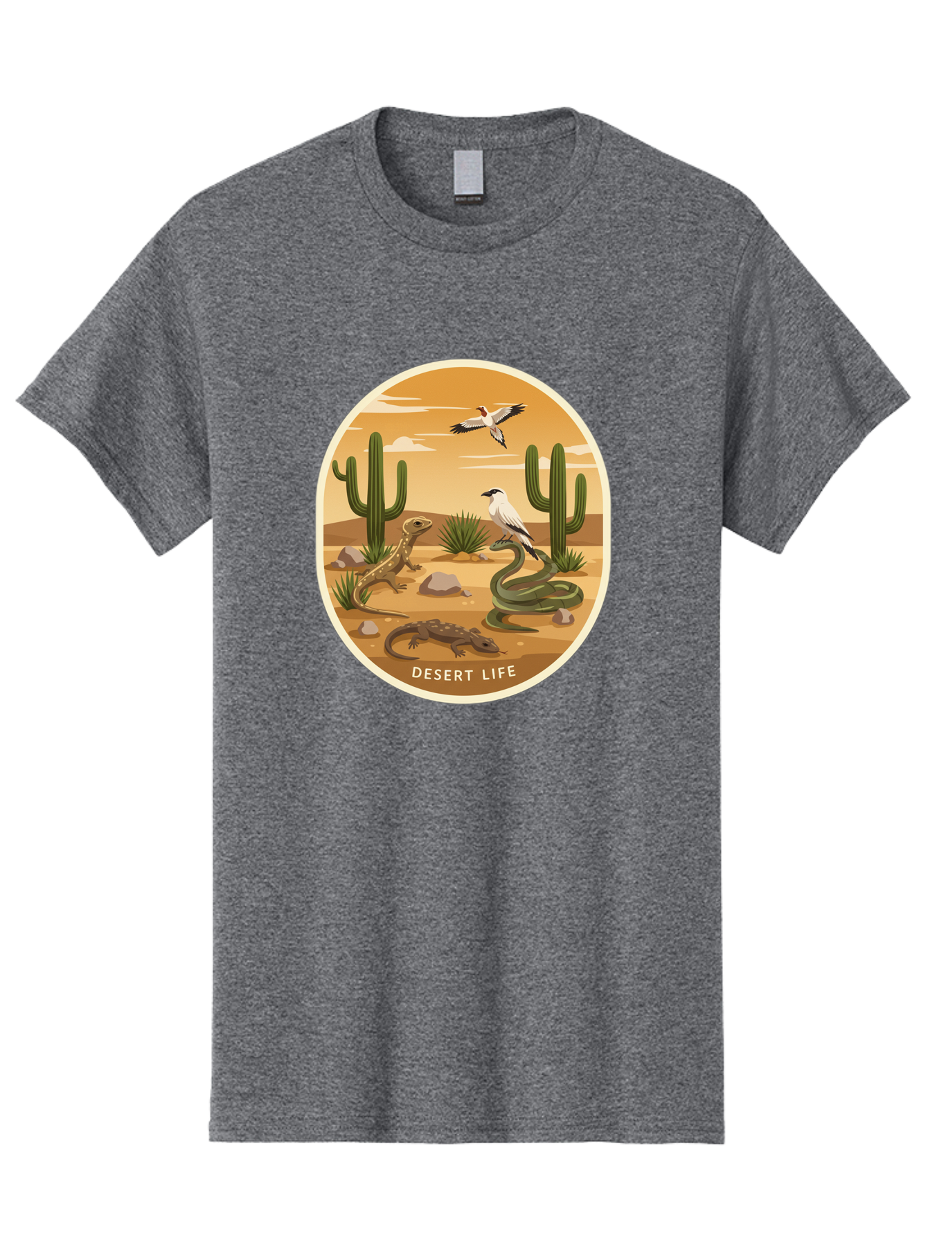 Desert-Life-4 Men'S Graphic Tee, 100% Cotton, Comfortable Casual Summer Wear, Machine Washable, Desert Wildlife, Cacti, Lizards, Snakes, Birds, Desert Scenery, Wildlife Habitat, Arid Landscape, Nature Illustration, Outdoor Wildlife, Bac990