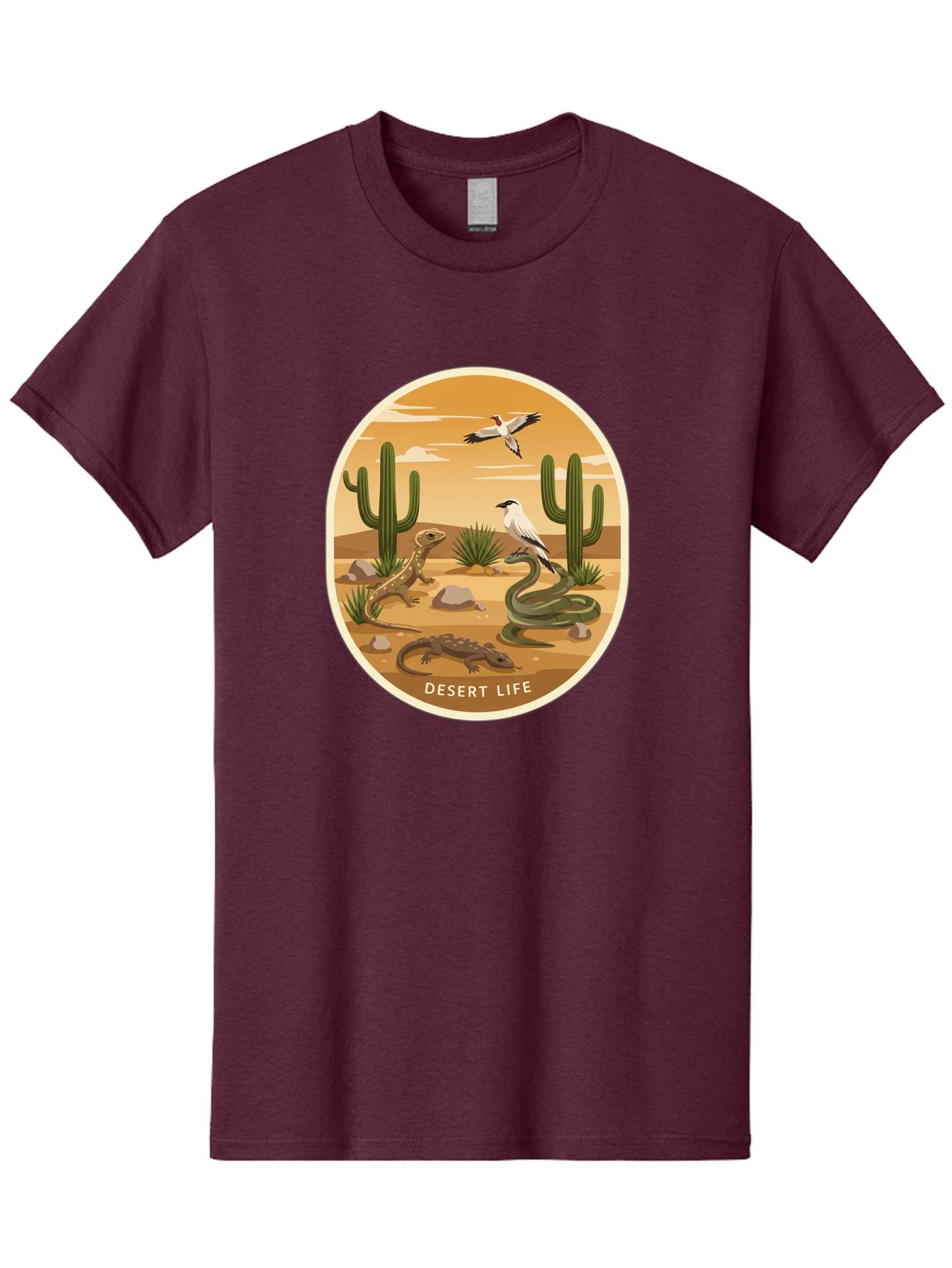 Desert-Life-4 Men'S Graphic Tee, 100% Cotton, Comfortable Casual Summer Wear, Machine Washable, Desert Wildlife, Cacti, Lizards, Snakes, Birds, Desert Scenery, Wildlife Habitat, Arid Landscape, Nature Illustration, Outdoor Wildlife, Bac990