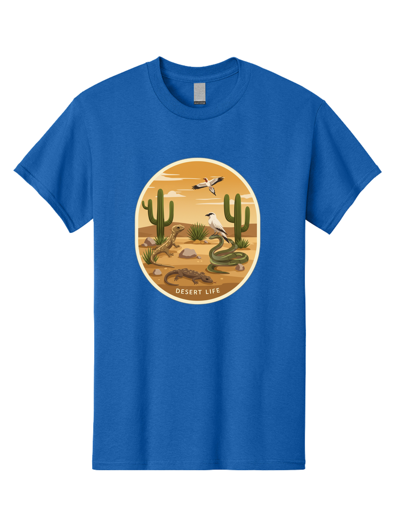 Desert-Life-4 Men'S Graphic Tee, 100% Cotton, Comfortable Casual Summer Wear, Machine Washable, Desert Wildlife, Cacti, Lizards, Snakes, Birds, Desert Scenery, Wildlife Habitat, Arid Landscape, Nature Illustration, Outdoor Wildlife, Bac990