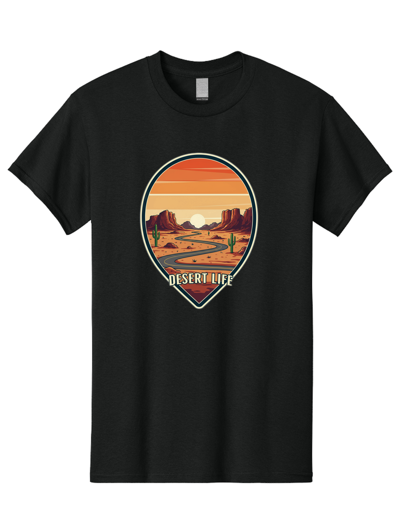 Desert-Life-5 Men'S Graphic Tee, 100% Cotton, Comfortable Casual Summer Wear, Machine Washable, Desert Landscape, Winding Road, Rocky Cliffs, Cacti, Orange Sunset, Desert Scenery, Outdoor Adventure, Travel Inspiration, Serene Atmosphere, Bac991