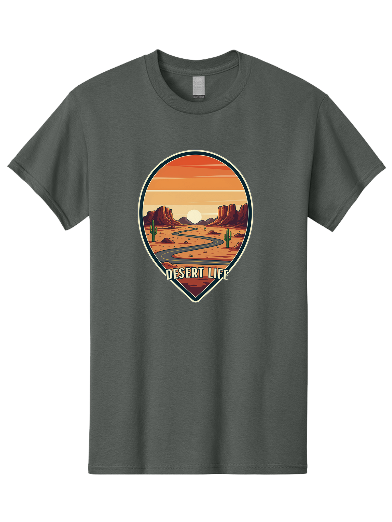 Desert-Life-5 Men'S Graphic Tee, 100% Cotton, Comfortable Casual Summer Wear, Machine Washable, Desert Landscape, Winding Road, Rocky Cliffs, Cacti, Orange Sunset, Desert Scenery, Outdoor Adventure, Travel Inspiration, Serene Atmosphere, Bac991