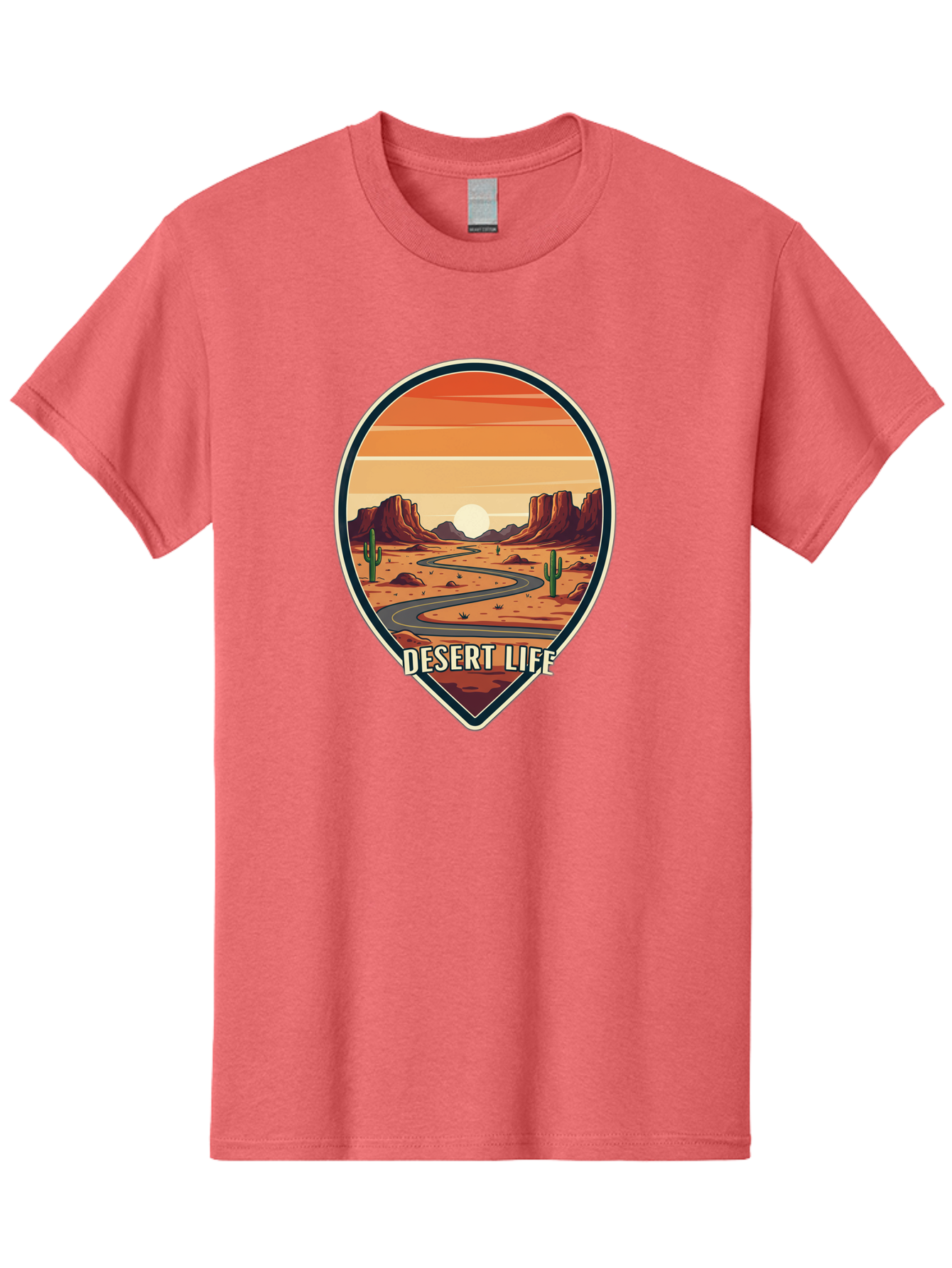 Desert-Life-5 Men'S Graphic Tee, 100% Cotton, Comfortable Casual Summer Wear, Machine Washable, Desert Landscape, Winding Road, Rocky Cliffs, Cacti, Orange Sunset, Desert Scenery, Outdoor Adventure, Travel Inspiration, Serene Atmosphere, Bac991