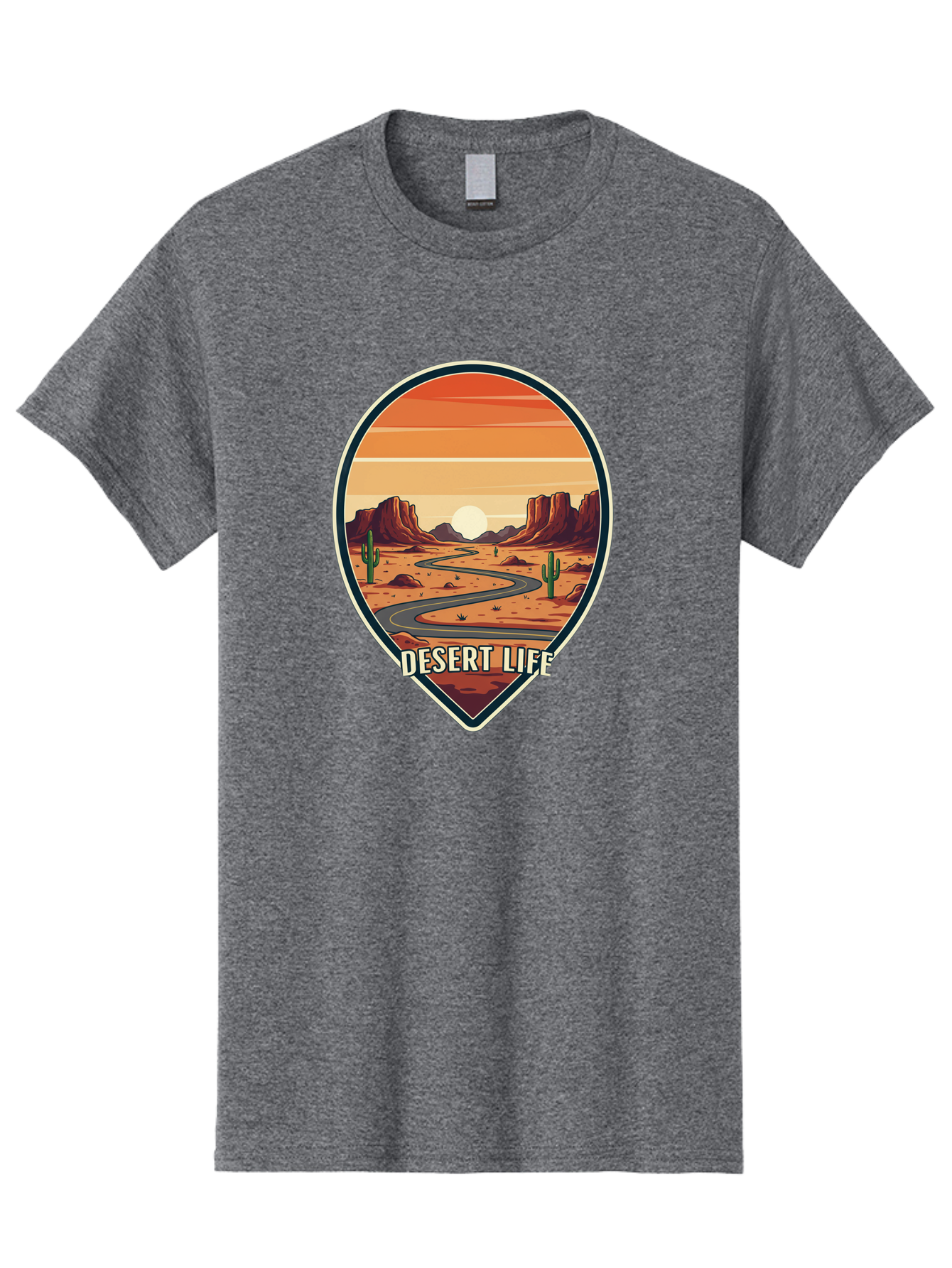Desert-Life-5 Men'S Graphic Tee, 100% Cotton, Comfortable Casual Summer Wear, Machine Washable, Desert Landscape, Winding Road, Rocky Cliffs, Cacti, Orange Sunset, Desert Scenery, Outdoor Adventure, Travel Inspiration, Serene Atmosphere, Bac991