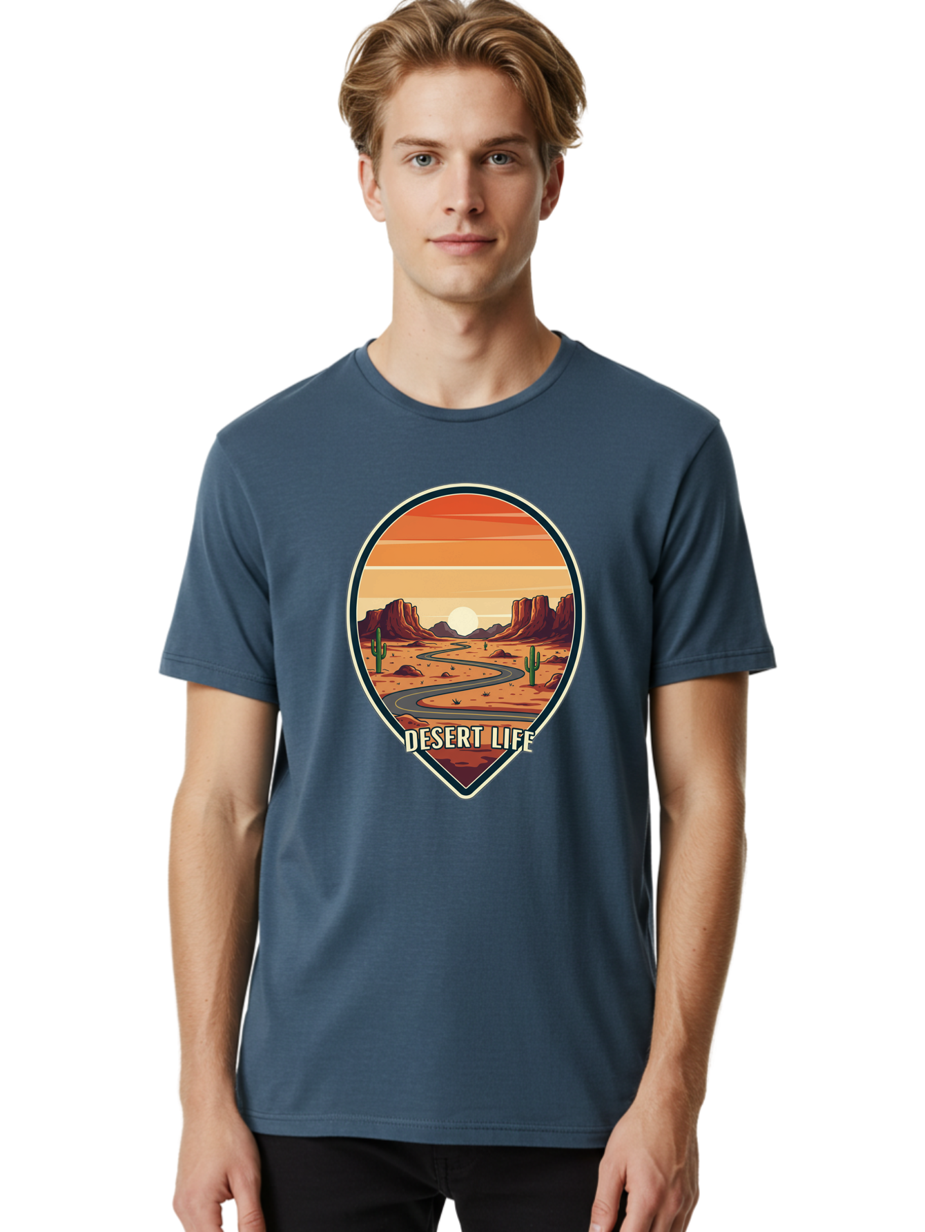 Desert-Life-5 Men'S Graphic Tee, 100% Cotton, Comfortable Casual Summer Wear, Machine Washable, Desert Landscape, Winding Road, Rocky Cliffs, Cacti, Orange Sunset, Desert Scenery, Outdoor Adventure, Travel Inspiration, Serene Atmosphere, Bac991