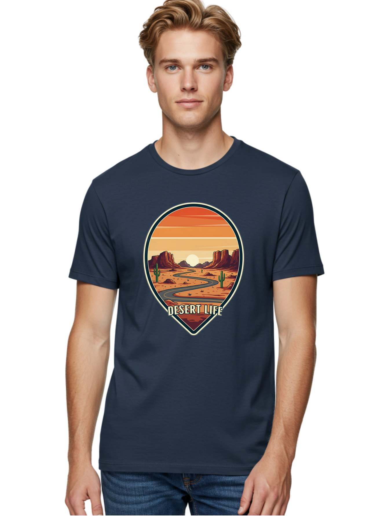 Desert-Life-5 Men'S Graphic Tee, 100% Cotton, Comfortable Casual Summer Wear, Machine Washable, Desert Landscape, Winding Road, Rocky Cliffs, Cacti, Orange Sunset, Desert Scenery, Outdoor Adventure, Travel Inspiration, Serene Atmosphere, Bac991