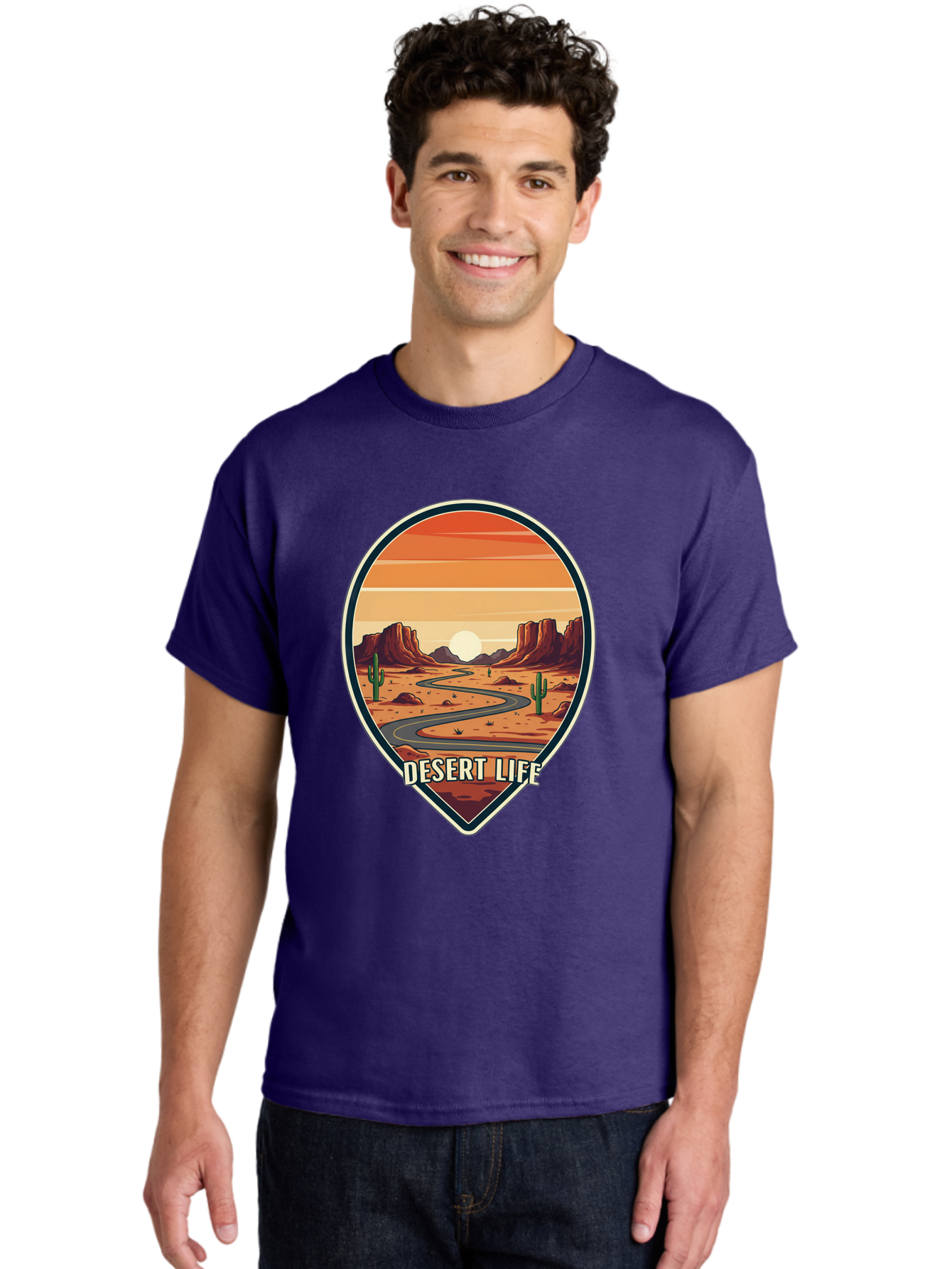 Desert-Life-5 Men'S Graphic Tee, 100% Cotton, Comfortable Casual Summer Wear, Machine Washable, Desert Landscape, Winding Road, Rocky Cliffs, Cacti, Orange Sunset, Desert Scenery, Outdoor Adventure, Travel Inspiration, Serene Atmosphere, Bac991