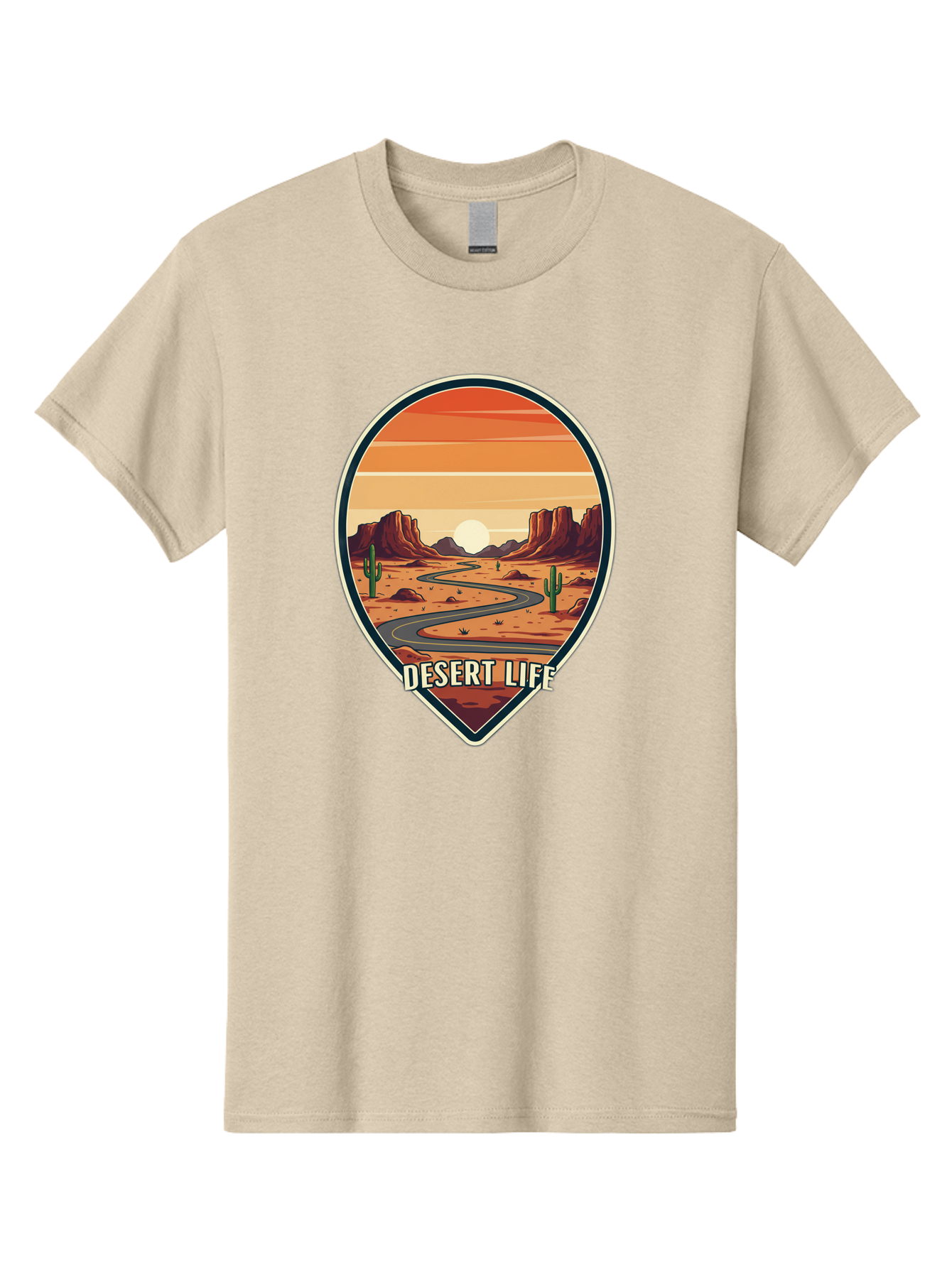 Desert-Life-5 Men'S Graphic Tee, 100% Cotton, Comfortable Casual Summer Wear, Machine Washable, Desert Landscape, Winding Road, Rocky Cliffs, Cacti, Orange Sunset, Desert Scenery, Outdoor Adventure, Travel Inspiration, Serene Atmosphere, Bac991