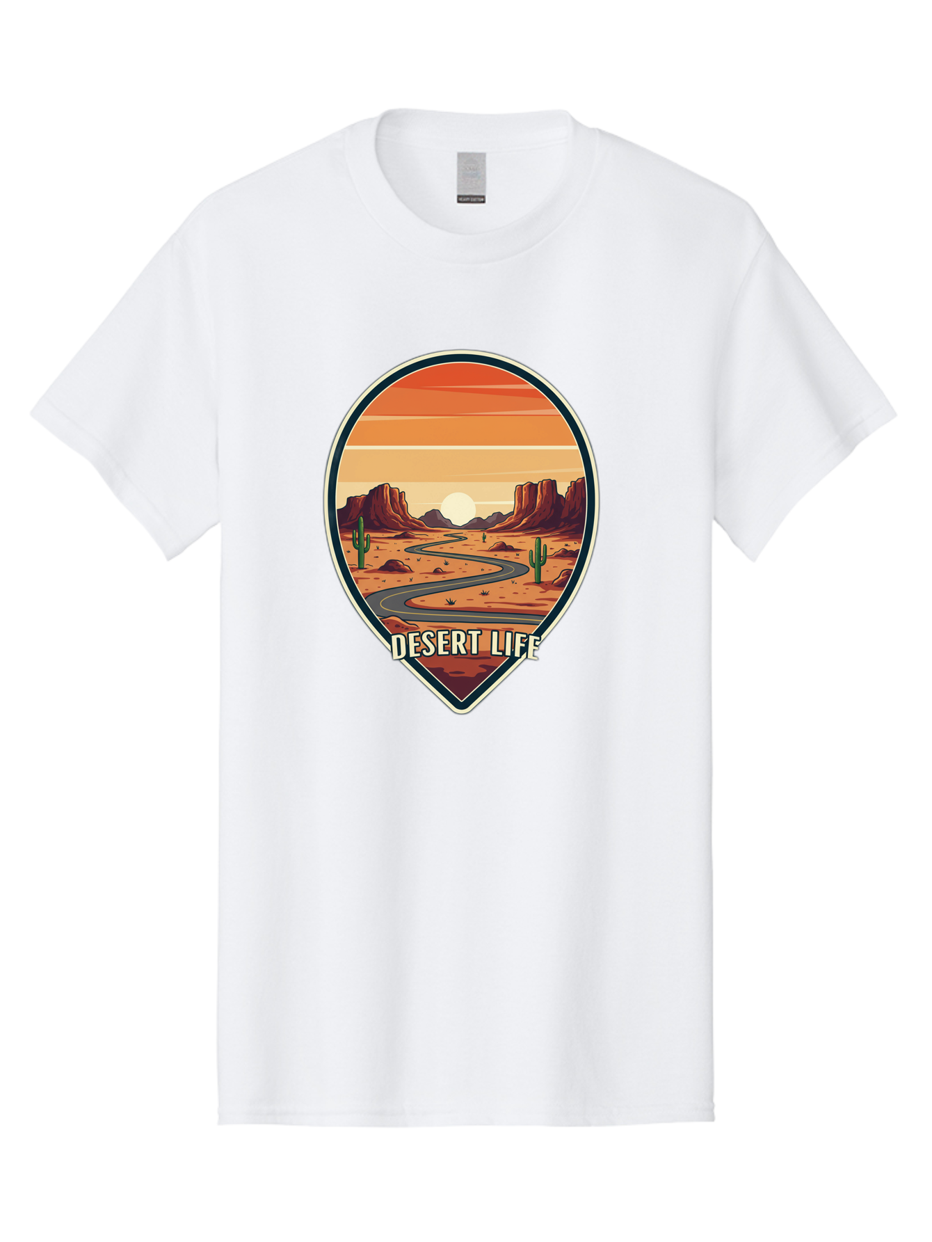 Desert-Life-5 Men'S Graphic Tee, 100% Cotton, Comfortable Casual Summer Wear, Machine Washable, Desert Landscape, Winding Road, Rocky Cliffs, Cacti, Orange Sunset, Desert Scenery, Outdoor Adventure, Travel Inspiration, Serene Atmosphere, Bac991