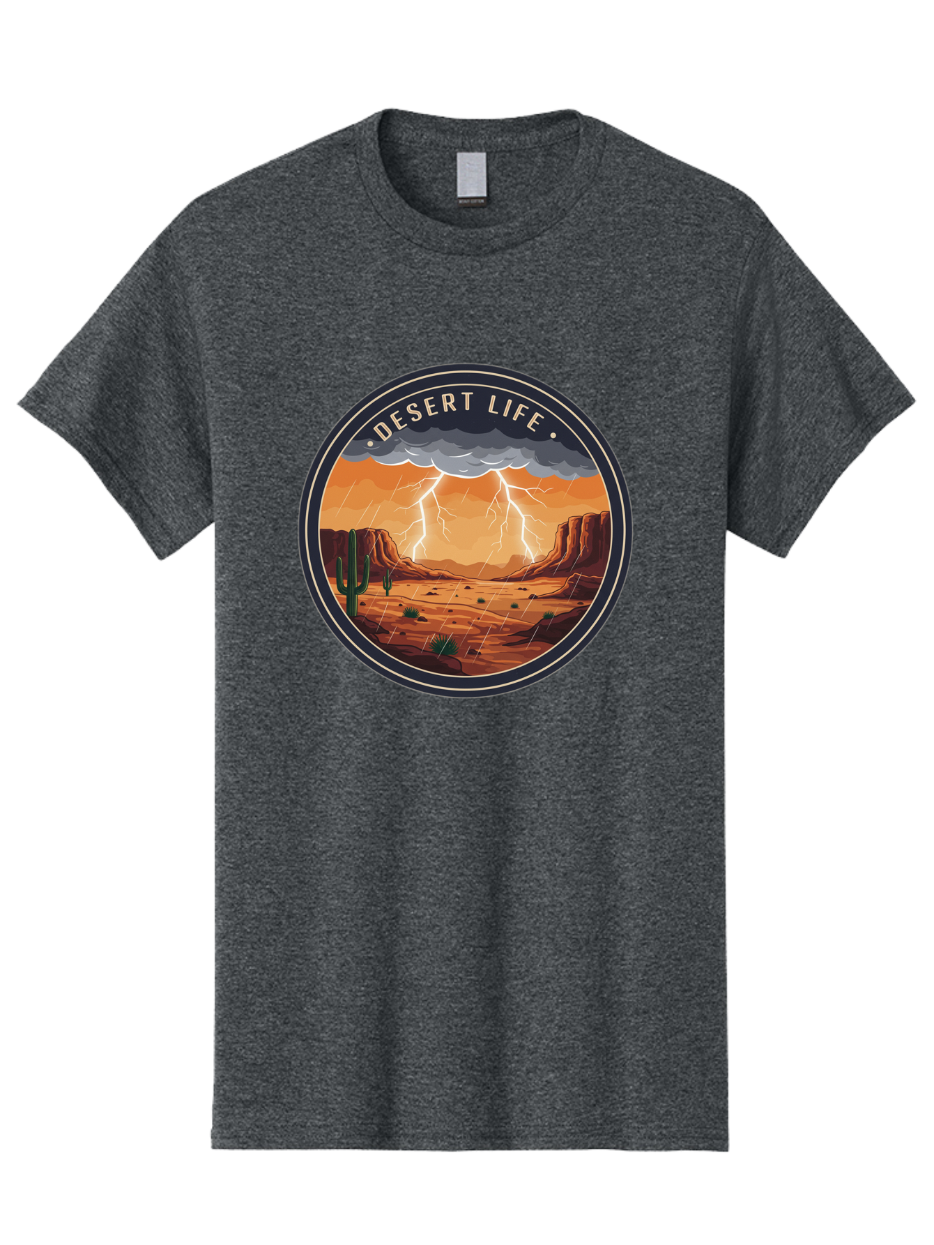 Desert-Life-6 Men'S Graphic Tee, 100% Cotton, Comfortable Casual Summer Wear, Machine Washable, Desert Landscape, Thunderstorm, Desert Storm, Lightning In Desert, Western Scenery, Rocky Terrain, Cactus, Desert Weather, Outdoor Adventure Bac992