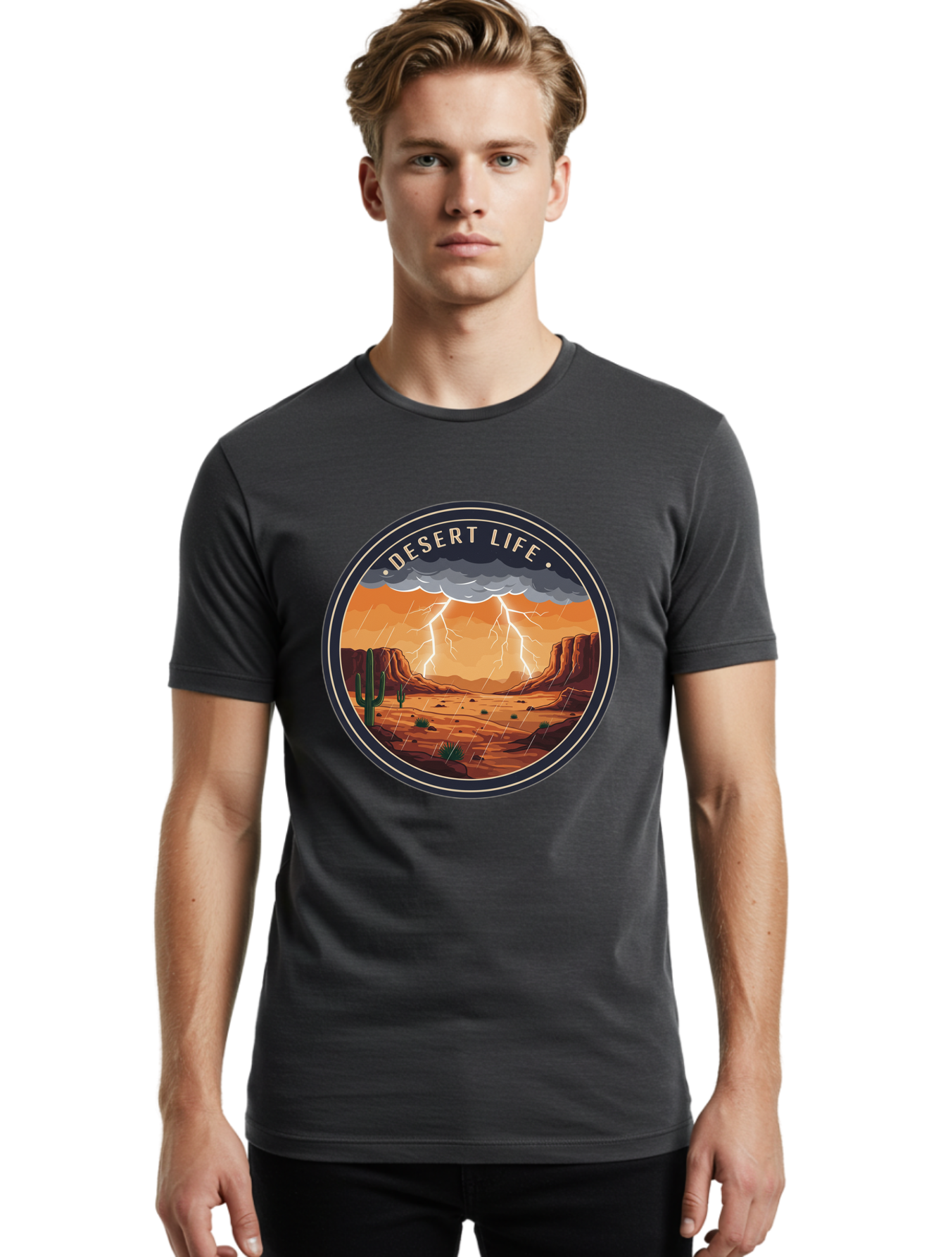Desert-Life-6 Men'S Graphic Tee, 100% Cotton, Comfortable Casual Summer Wear, Machine Washable, Desert Landscape, Thunderstorm, Desert Storm, Lightning In Desert, Western Scenery, Rocky Terrain, Cactus, Desert Weather, Outdoor Adventure Bac992