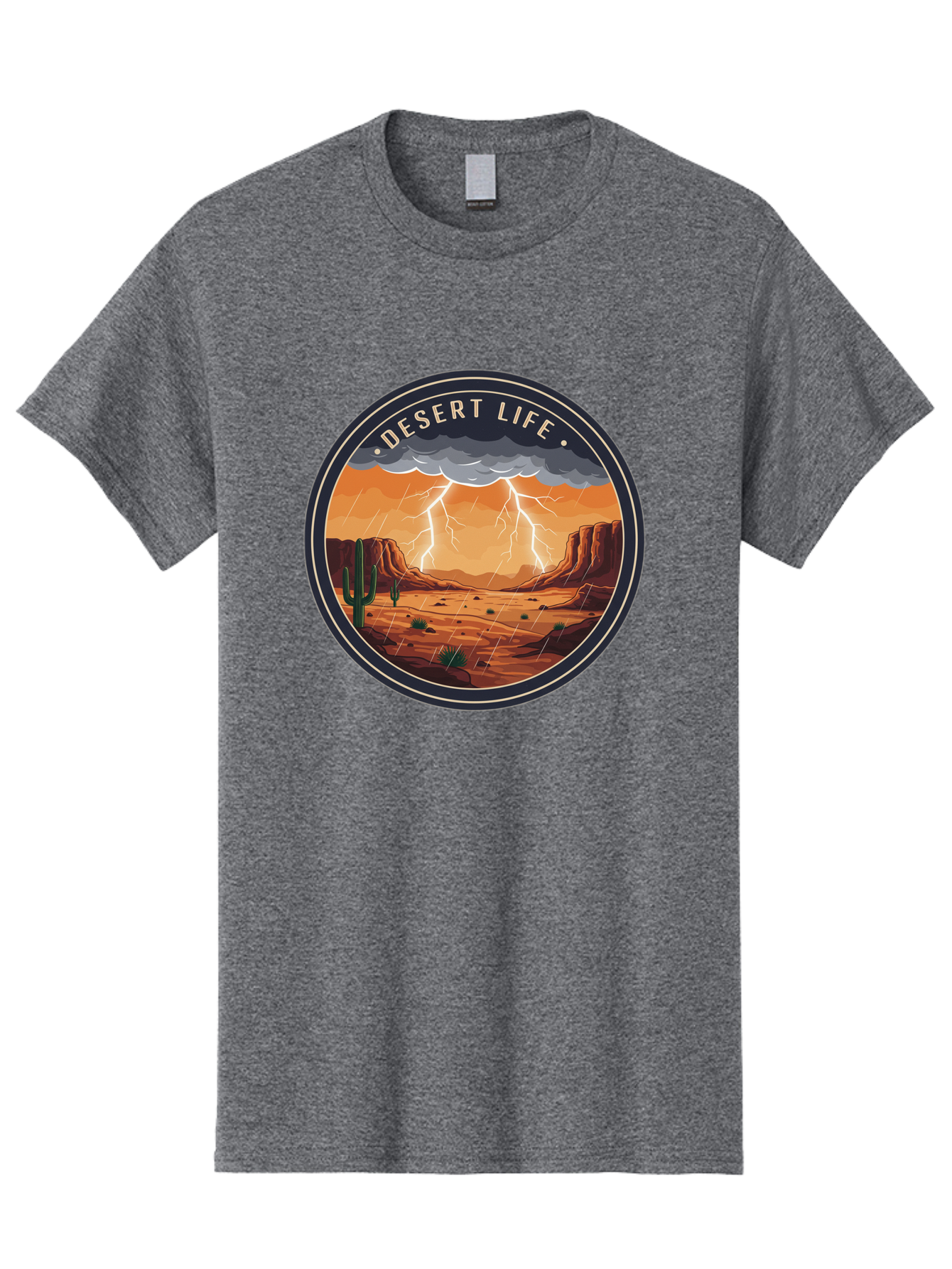 Desert-Life-6 Men'S Graphic Tee, 100% Cotton, Comfortable Casual Summer Wear, Machine Washable, Desert Landscape, Thunderstorm, Desert Storm, Lightning In Desert, Western Scenery, Rocky Terrain, Cactus, Desert Weather, Outdoor Adventure Bac992
