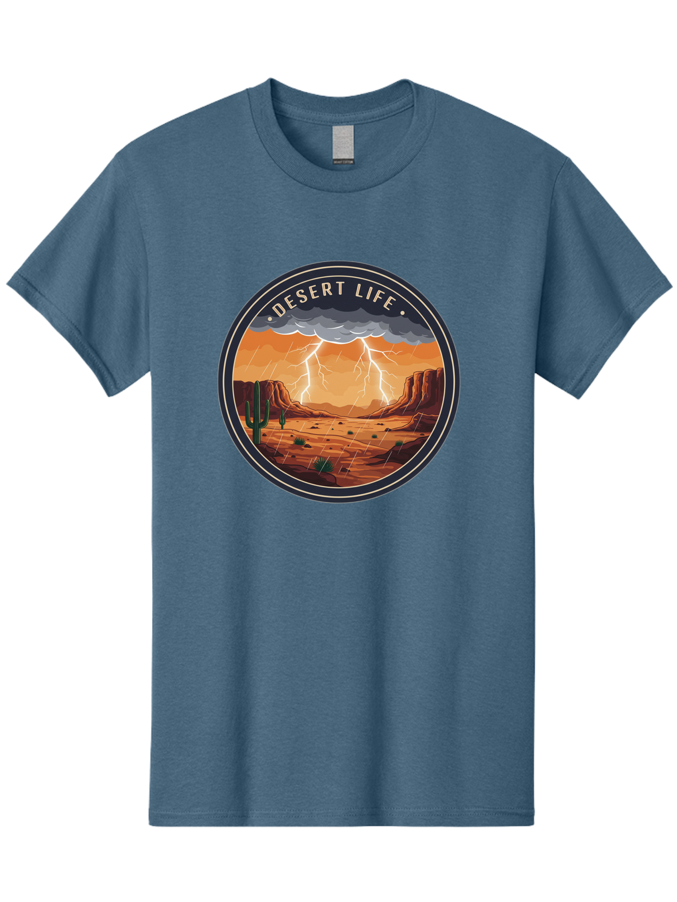 Desert-Life-6 Men'S Graphic Tee, 100% Cotton, Comfortable Casual Summer Wear, Machine Washable, Desert Landscape, Thunderstorm, Desert Storm, Lightning In Desert, Western Scenery, Rocky Terrain, Cactus, Desert Weather, Outdoor Adventure Bac992