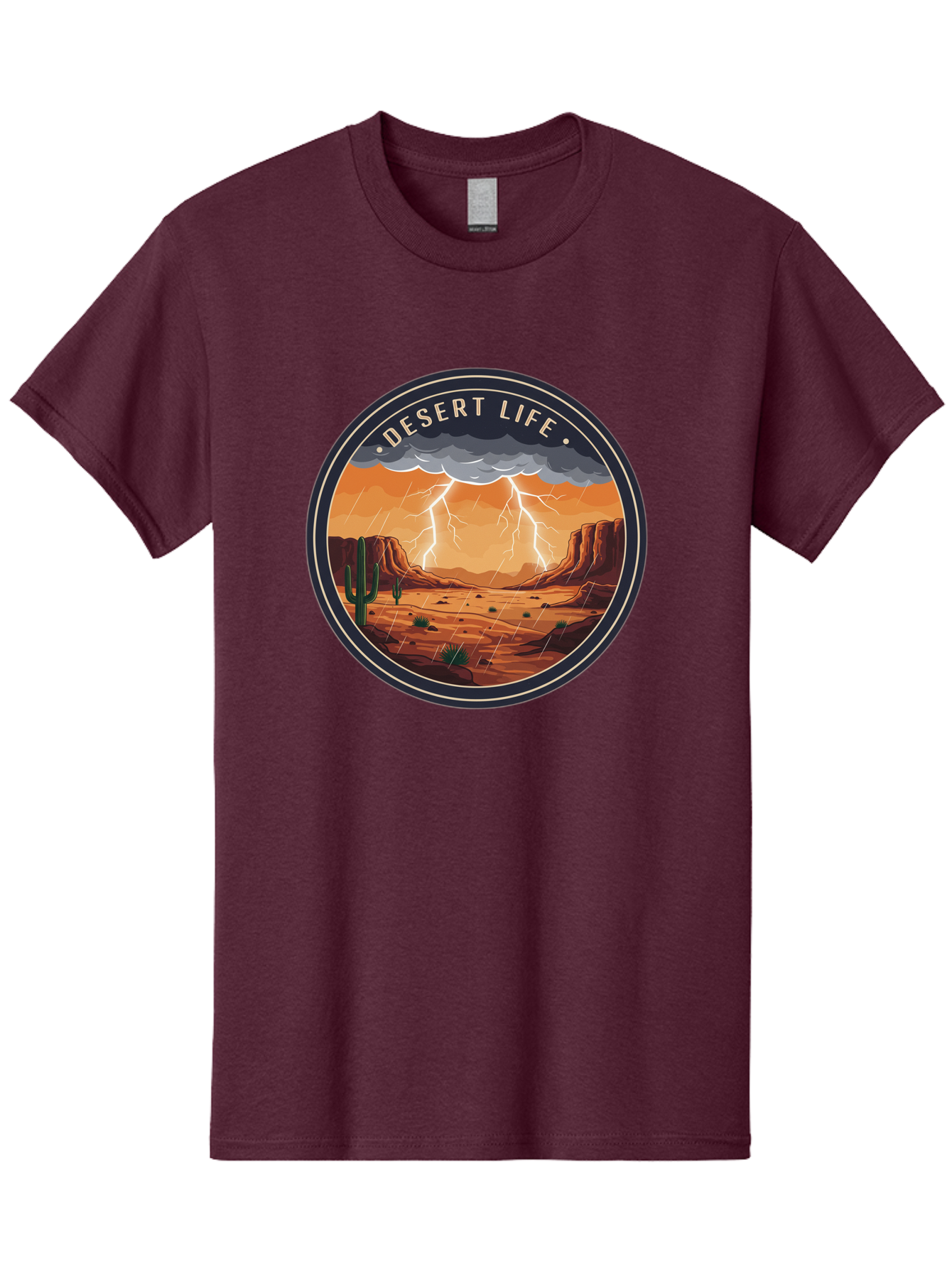 Desert-Life-6 Men'S Graphic Tee, 100% Cotton, Comfortable Casual Summer Wear, Machine Washable, Desert Landscape, Thunderstorm, Desert Storm, Lightning In Desert, Western Scenery, Rocky Terrain, Cactus, Desert Weather, Outdoor Adventure Bac992