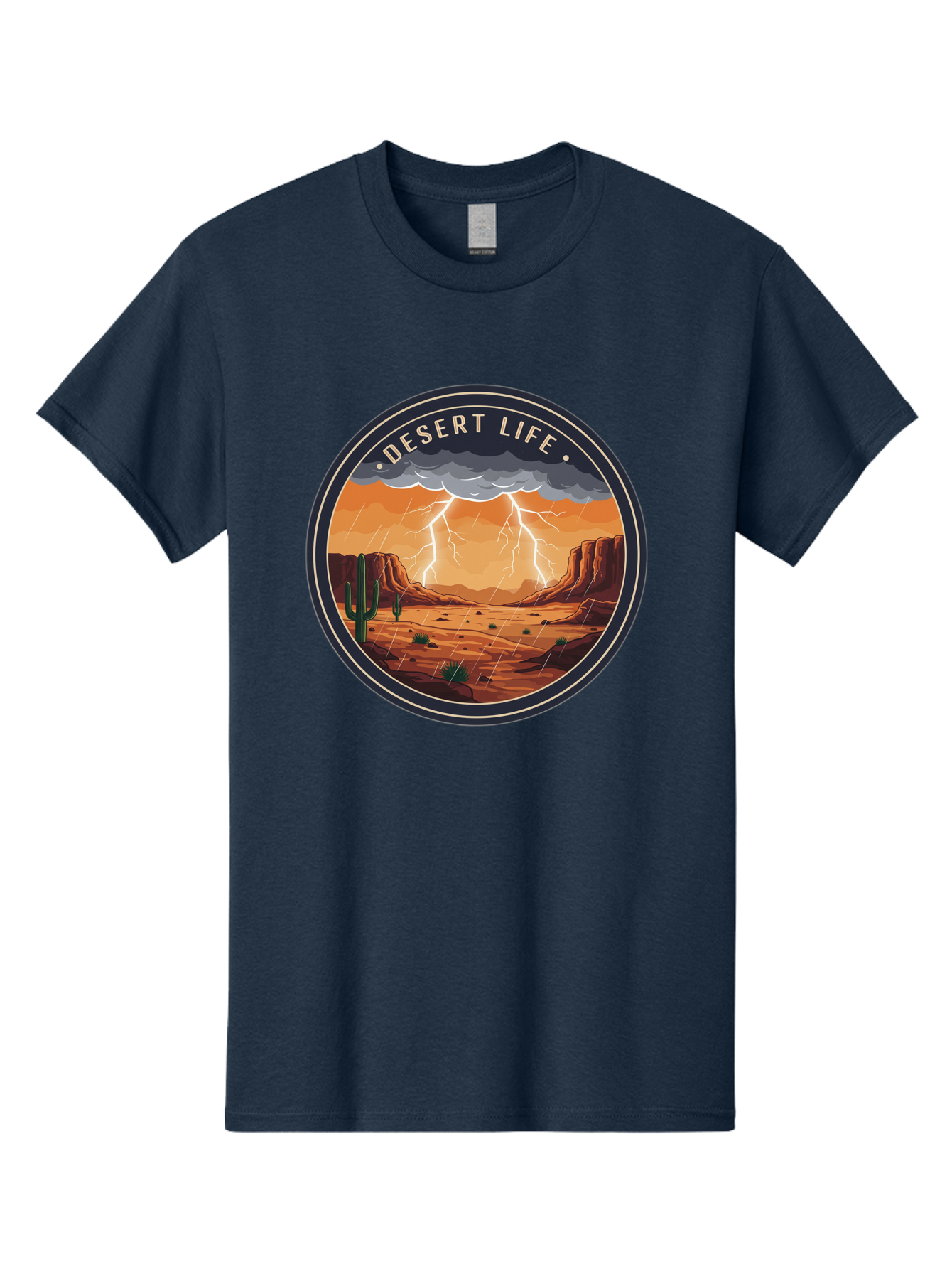 Desert-Life-6 Men'S Graphic Tee, 100% Cotton, Comfortable Casual Summer Wear, Machine Washable, Desert Landscape, Thunderstorm, Desert Storm, Lightning In Desert, Western Scenery, Rocky Terrain, Cactus, Desert Weather, Outdoor Adventure Bac992