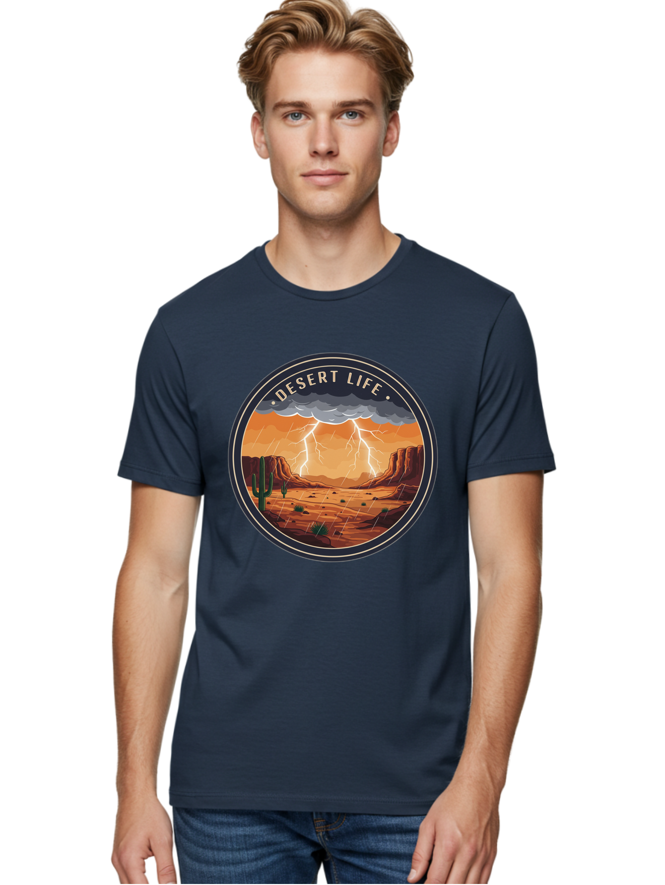 Desert-Life-6 Men'S Graphic Tee, 100% Cotton, Comfortable Casual Summer Wear, Machine Washable, Desert Landscape, Thunderstorm, Desert Storm, Lightning In Desert, Western Scenery, Rocky Terrain, Cactus, Desert Weather, Outdoor Adventure Bac992