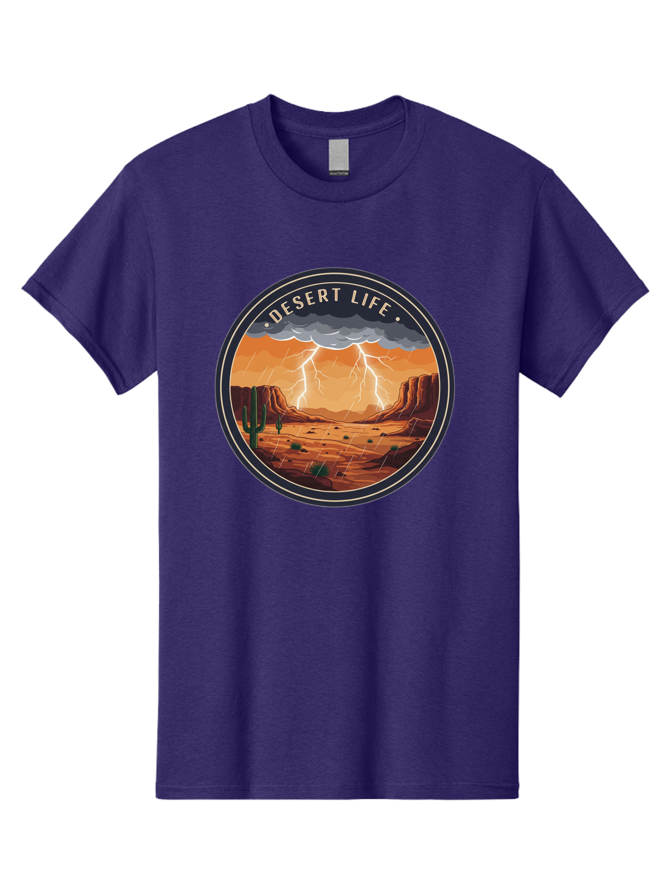 Desert-Life-6 Men'S Graphic Tee, 100% Cotton, Comfortable Casual Summer Wear, Machine Washable, Desert Landscape, Thunderstorm, Desert Storm, Lightning In Desert, Western Scenery, Rocky Terrain, Cactus, Desert Weather, Outdoor Adventure Bac992