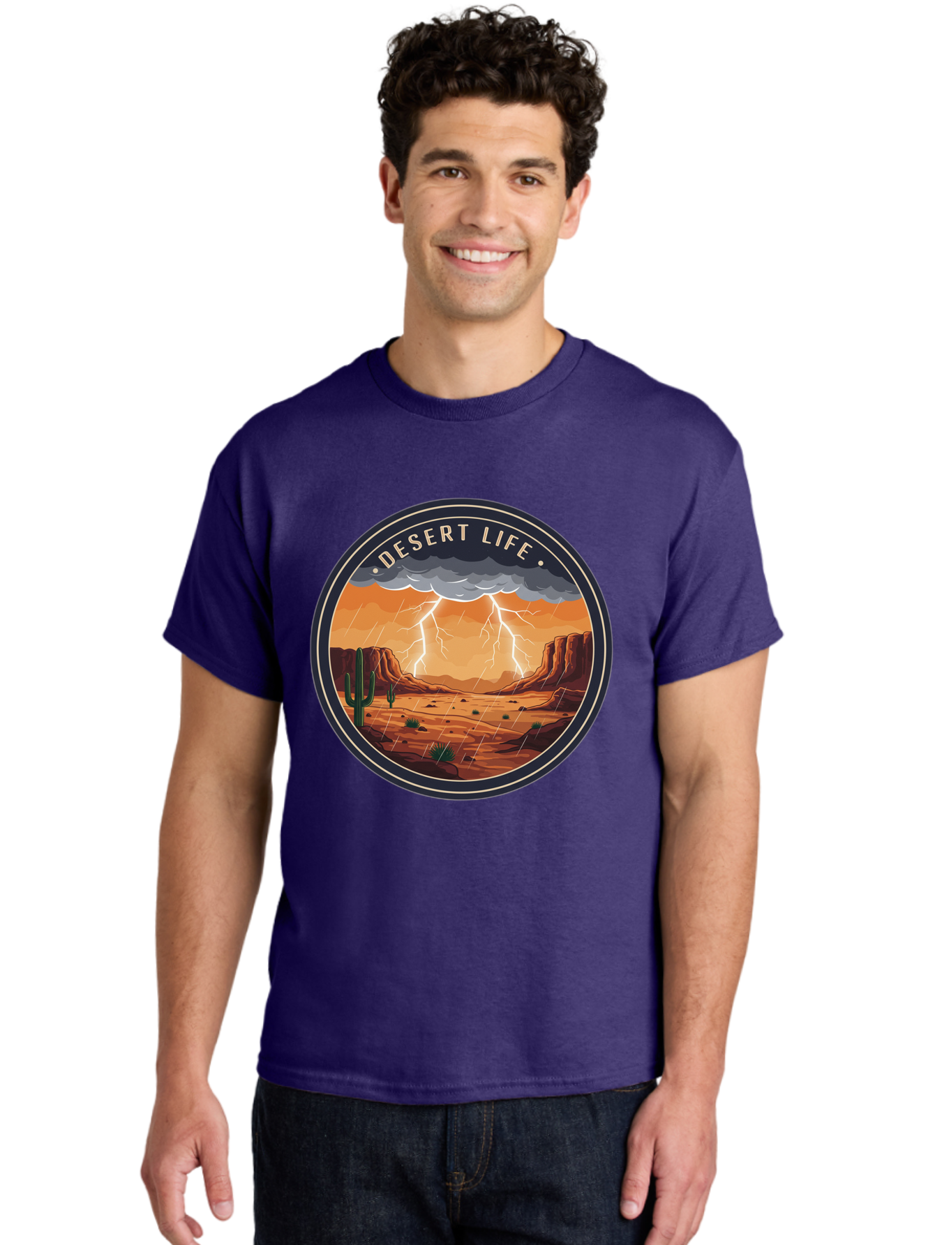 Desert-Life-6 Men'S Graphic Tee, 100% Cotton, Comfortable Casual Summer Wear, Machine Washable, Desert Landscape, Thunderstorm, Desert Storm, Lightning In Desert, Western Scenery, Rocky Terrain, Cactus, Desert Weather, Outdoor Adventure Bac992