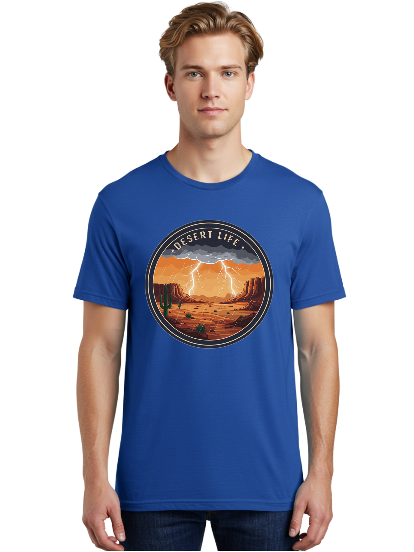 Desert-Life-6 Men'S Graphic Tee, 100% Cotton, Comfortable Casual Summer Wear, Machine Washable, Desert Landscape, Thunderstorm, Desert Storm, Lightning In Desert, Western Scenery, Rocky Terrain, Cactus, Desert Weather, Outdoor Adventure Bac992