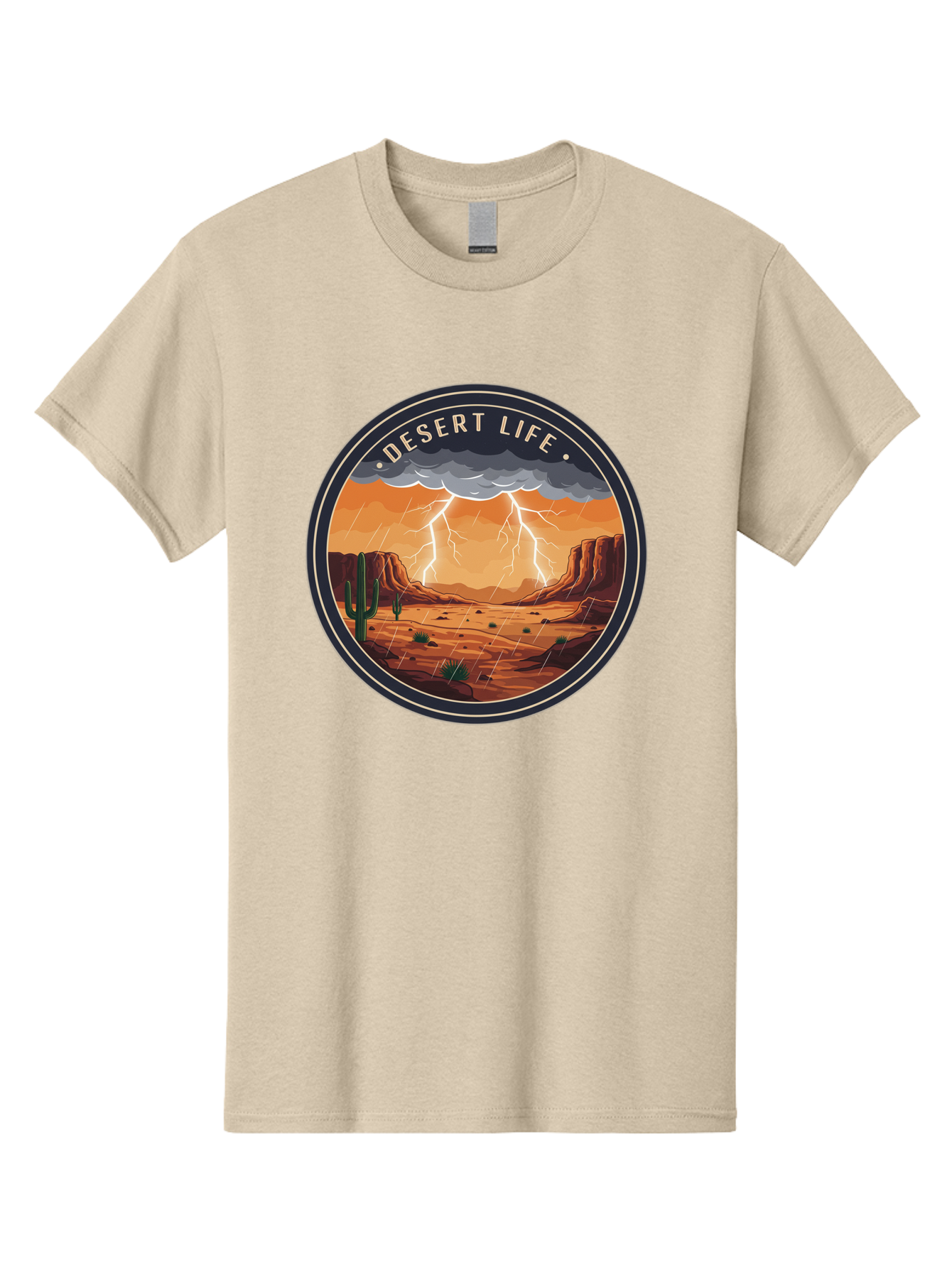 Desert-Life-6 Men'S Graphic Tee, 100% Cotton, Comfortable Casual Summer Wear, Machine Washable, Desert Landscape, Thunderstorm, Desert Storm, Lightning In Desert, Western Scenery, Rocky Terrain, Cactus, Desert Weather, Outdoor Adventure Bac992