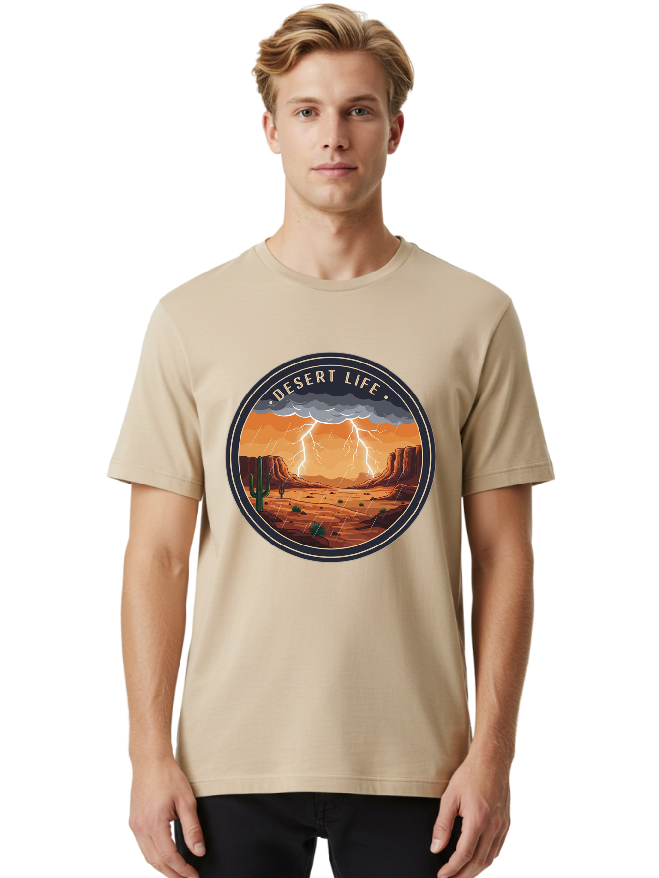 Desert-Life-6 Men'S Graphic Tee, 100% Cotton, Comfortable Casual Summer Wear, Machine Washable, Desert Landscape, Thunderstorm, Desert Storm, Lightning In Desert, Western Scenery, Rocky Terrain, Cactus, Desert Weather, Outdoor Adventure Bac992
