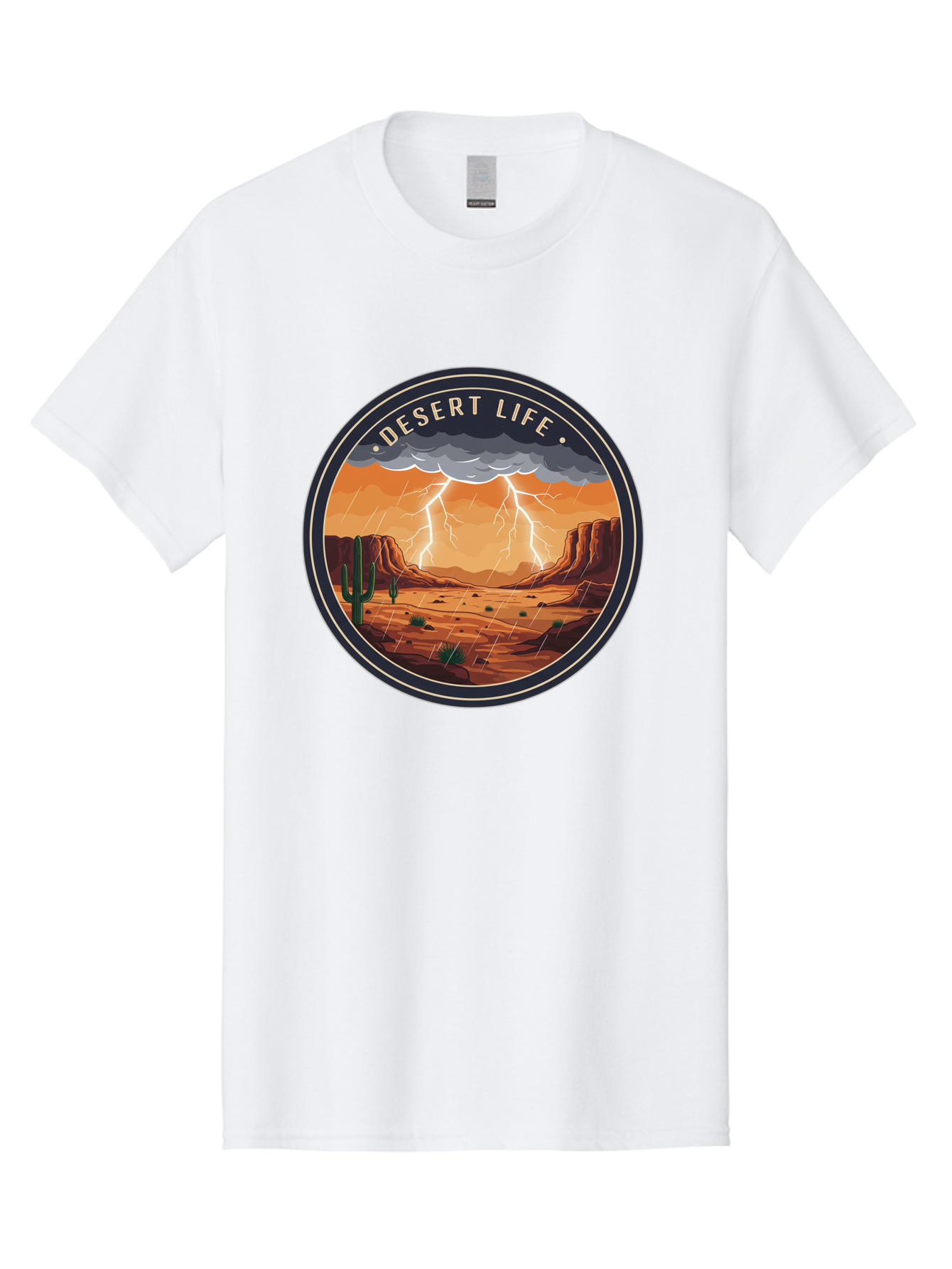 Desert-Life-6 Men'S Graphic Tee, 100% Cotton, Comfortable Casual Summer Wear, Machine Washable, Desert Landscape, Thunderstorm, Desert Storm, Lightning In Desert, Western Scenery, Rocky Terrain, Cactus, Desert Weather, Outdoor Adventure Bac992