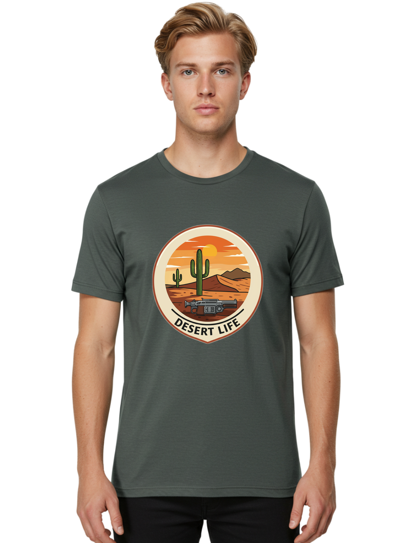 Desert-Life-7 Men'S Graphic Tee, 100% Cotton, Comfortable Casual Summer Wear, Machine Washable, Desert Landscape, Cacti, Western Scenery, Revolver, Iconic Imagery, Adventure Theme, Desert Life Bac993