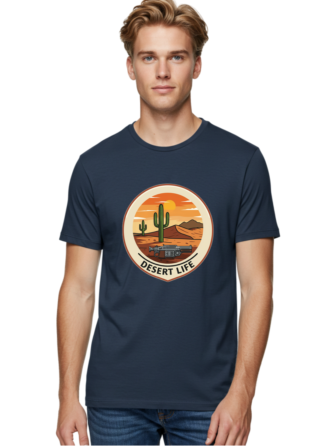 Desert-Life-7 Men'S Graphic Tee, 100% Cotton, Comfortable Casual Summer Wear, Machine Washable, Desert Landscape, Cacti, Western Scenery, Revolver, Iconic Imagery, Adventure Theme, Desert Life Bac993