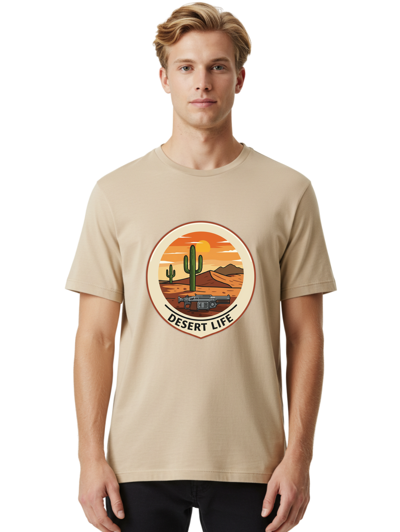 Desert-Life-7 Men'S Graphic Tee, 100% Cotton, Comfortable Casual Summer Wear, Machine Washable, Desert Landscape, Cacti, Western Scenery, Revolver, Iconic Imagery, Adventure Theme, Desert Life Bac993