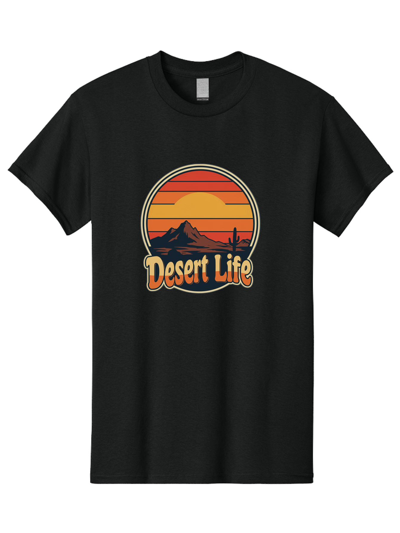Desert-Life Men'S Graphic Tee, 100% Cotton, Comfortable Casual Summer Wear, Machine Washable, Desert Landscape, Sunset Scene, Mountainous Terrain, Cactus Silhouette, Vibrant Colors, Orange Hues, Desert Scenery, Mountain Peaks, Bac994