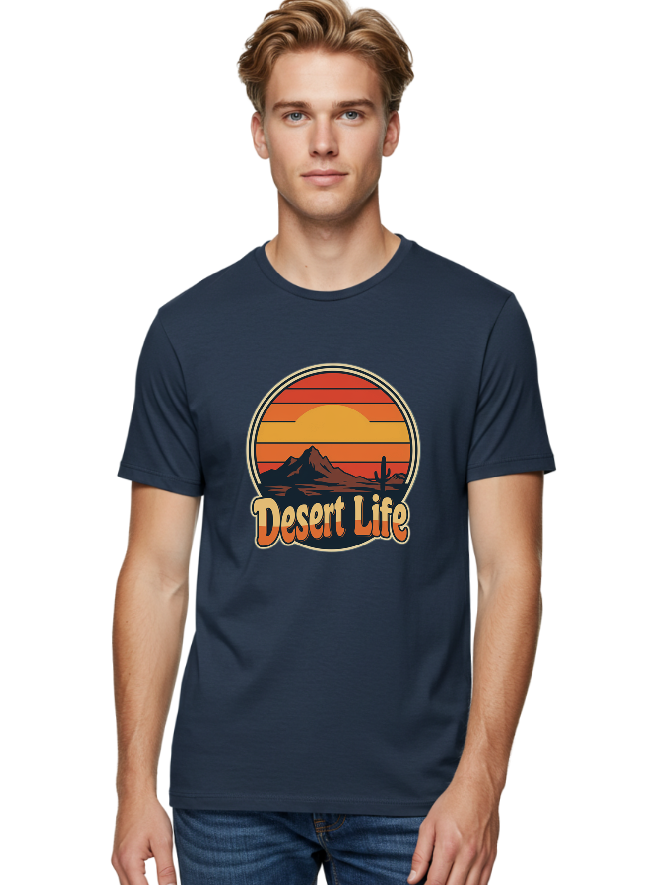 Desert-Life Men'S Graphic Tee, 100% Cotton, Comfortable Casual Summer Wear, Machine Washable, Desert Landscape, Sunset Scene, Mountainous Terrain, Cactus Silhouette, Vibrant Colors, Orange Hues, Desert Scenery, Mountain Peaks, Bac994