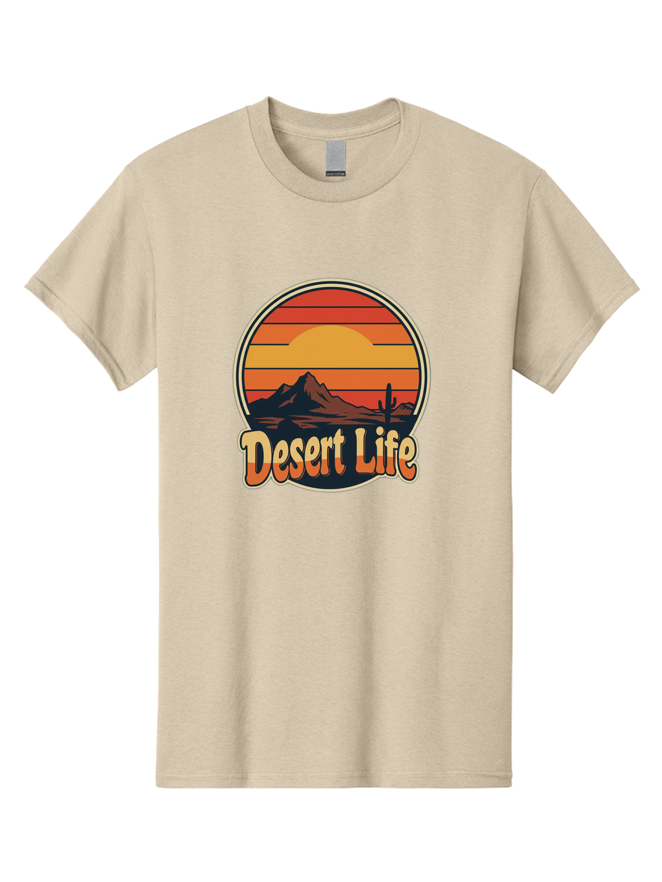 Desert-Life Men'S Graphic Tee, 100% Cotton, Comfortable Casual Summer Wear, Machine Washable, Desert Landscape, Sunset Scene, Mountainous Terrain, Cactus Silhouette, Vibrant Colors, Orange Hues, Desert Scenery, Mountain Peaks, Bac994