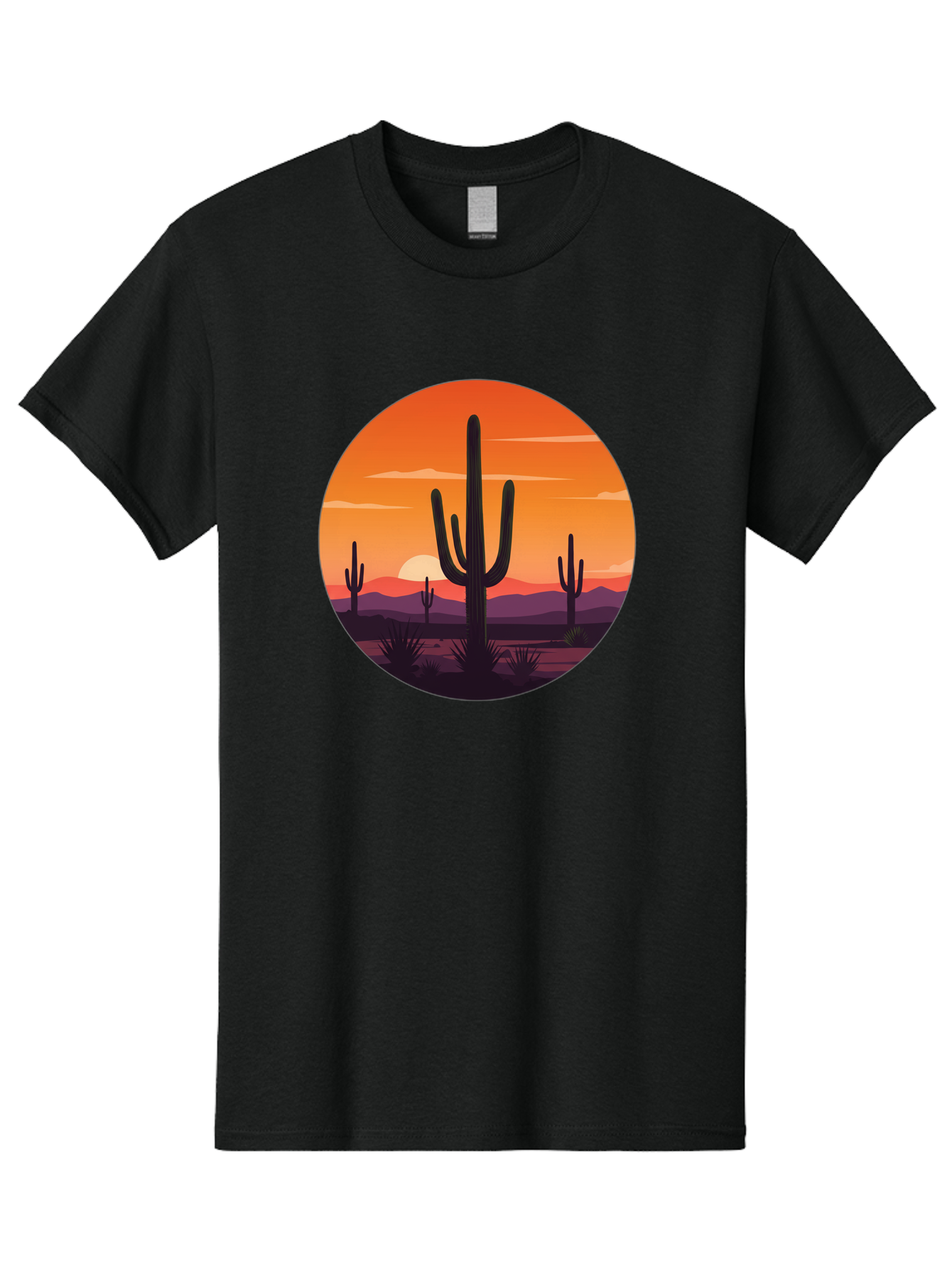 Desert-Sunset-1 Men'S Graphic Tee, 100% Cotton, Comfortable Casual Summer Wear, Machine Washable, Desert Landscape, Cactus Silhouette, Orange Sunset, Vibrant Colors, Serene Atmosphere, Natural Beauty, Outdoor Scenery, Majestic Mountains Bac996