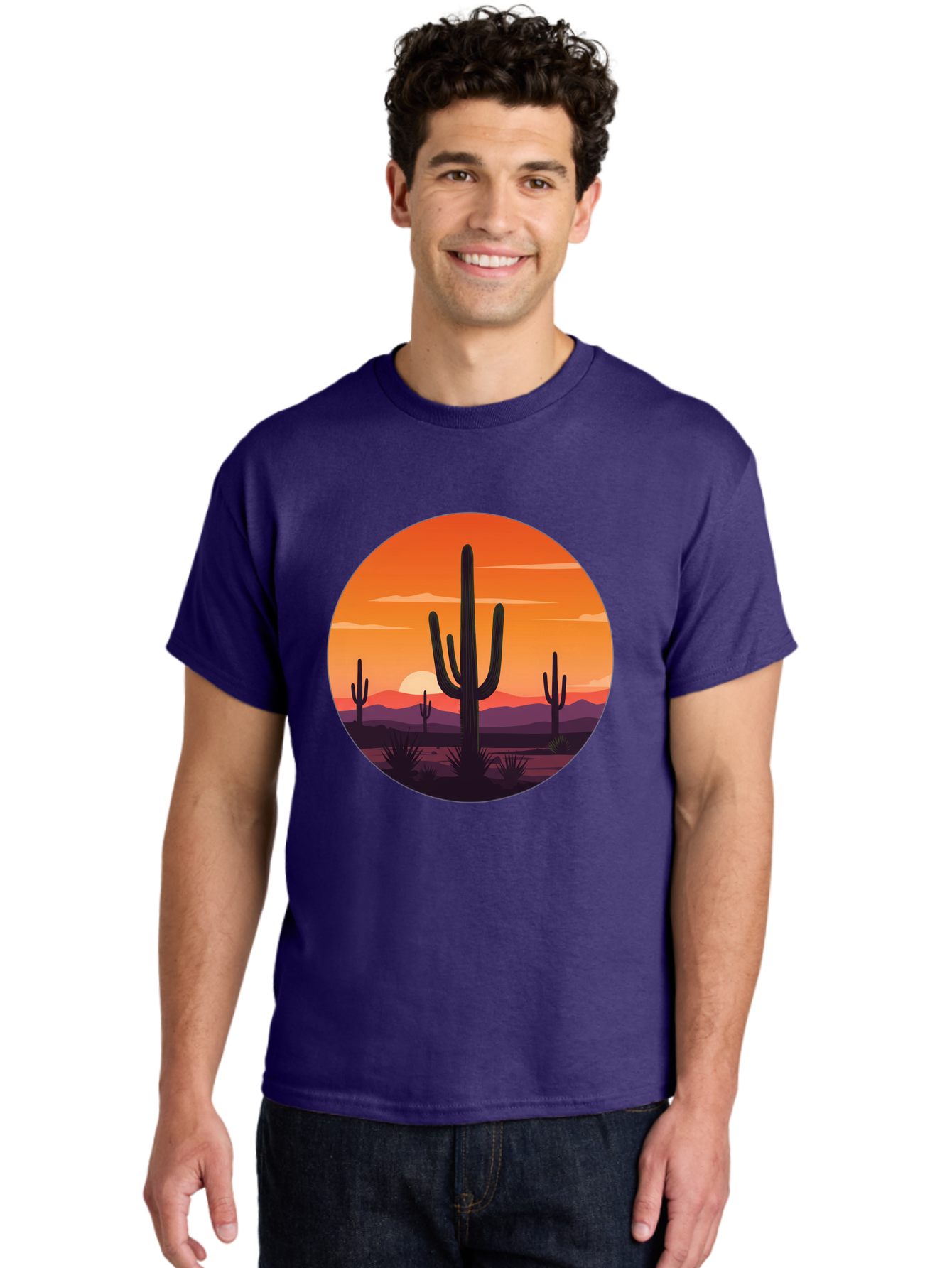 Desert-Sunset-1 Men'S Graphic Tee, 100% Cotton, Comfortable Casual Summer Wear, Machine Washable, Desert Landscape, Cactus Silhouette, Orange Sunset, Vibrant Colors, Serene Atmosphere, Natural Beauty, Outdoor Scenery, Majestic Mountains Bac996