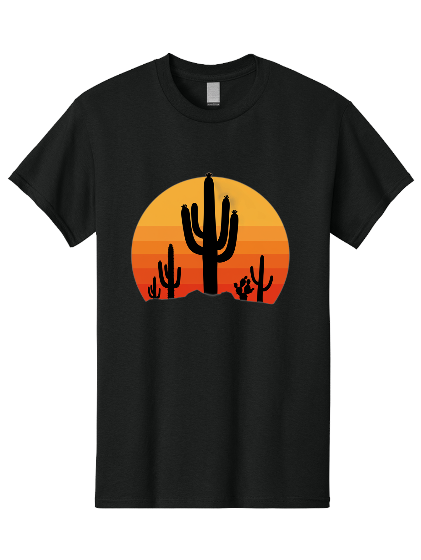 Desert-Sunset Men'S Graphic Tee, 100% Cotton, Comfortable Casual Summer Wear, Machine Washable, Desert Landscape, Cactus Silhouette, Sunset Colors, Orange Gradient, Warm Tones, Arid Scenery, Natural Beauty Bac997