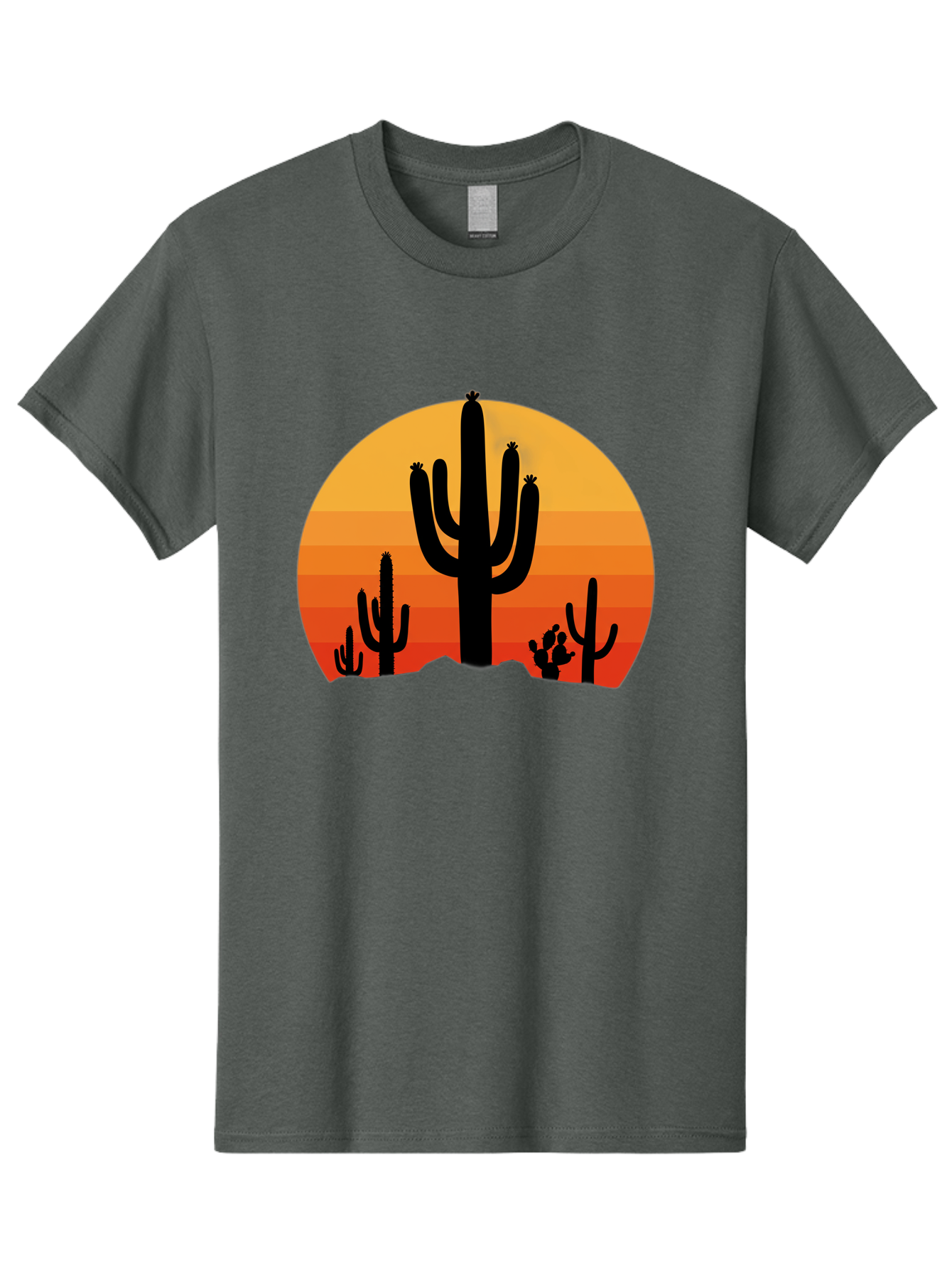 Desert-Sunset Men'S Graphic Tee, 100% Cotton, Comfortable Casual Summer Wear, Machine Washable, Desert Landscape, Cactus Silhouette, Sunset Colors, Orange Gradient, Warm Tones, Arid Scenery, Natural Beauty Bac997
