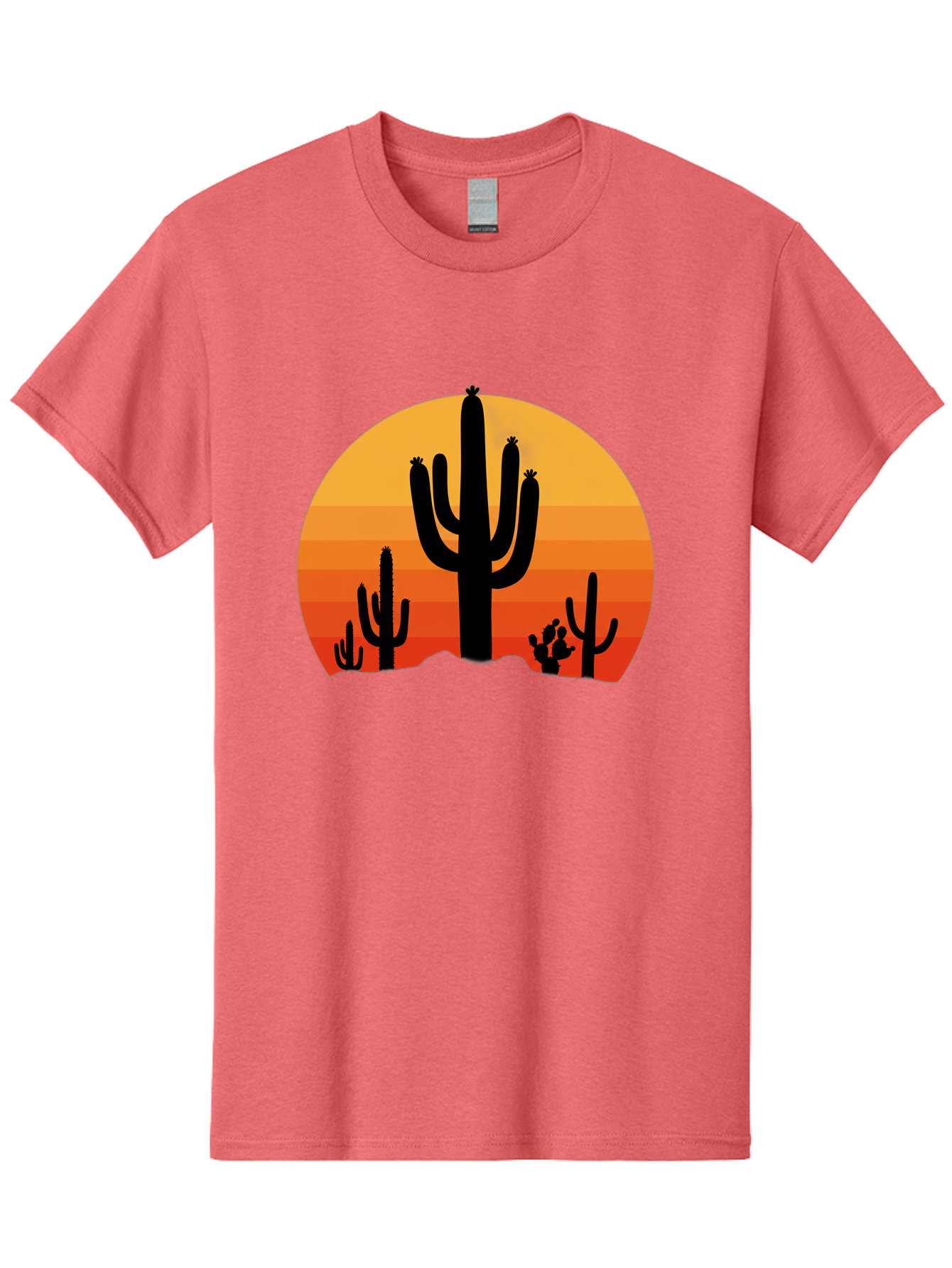 Desert-Sunset Men'S Graphic Tee, 100% Cotton, Comfortable Casual Summer Wear, Machine Washable, Desert Landscape, Cactus Silhouette, Sunset Colors, Orange Gradient, Warm Tones, Arid Scenery, Natural Beauty Bac997