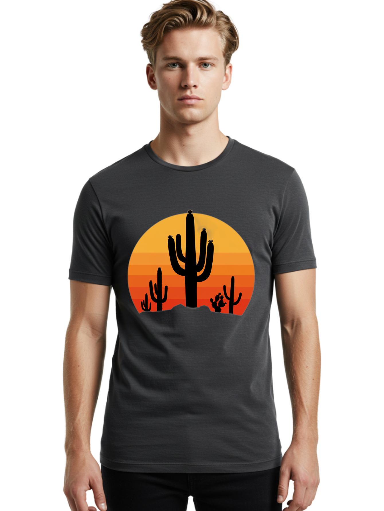 Desert-Sunset Men'S Graphic Tee, 100% Cotton, Comfortable Casual Summer Wear, Machine Washable, Desert Landscape, Cactus Silhouette, Sunset Colors, Orange Gradient, Warm Tones, Arid Scenery, Natural Beauty Bac997