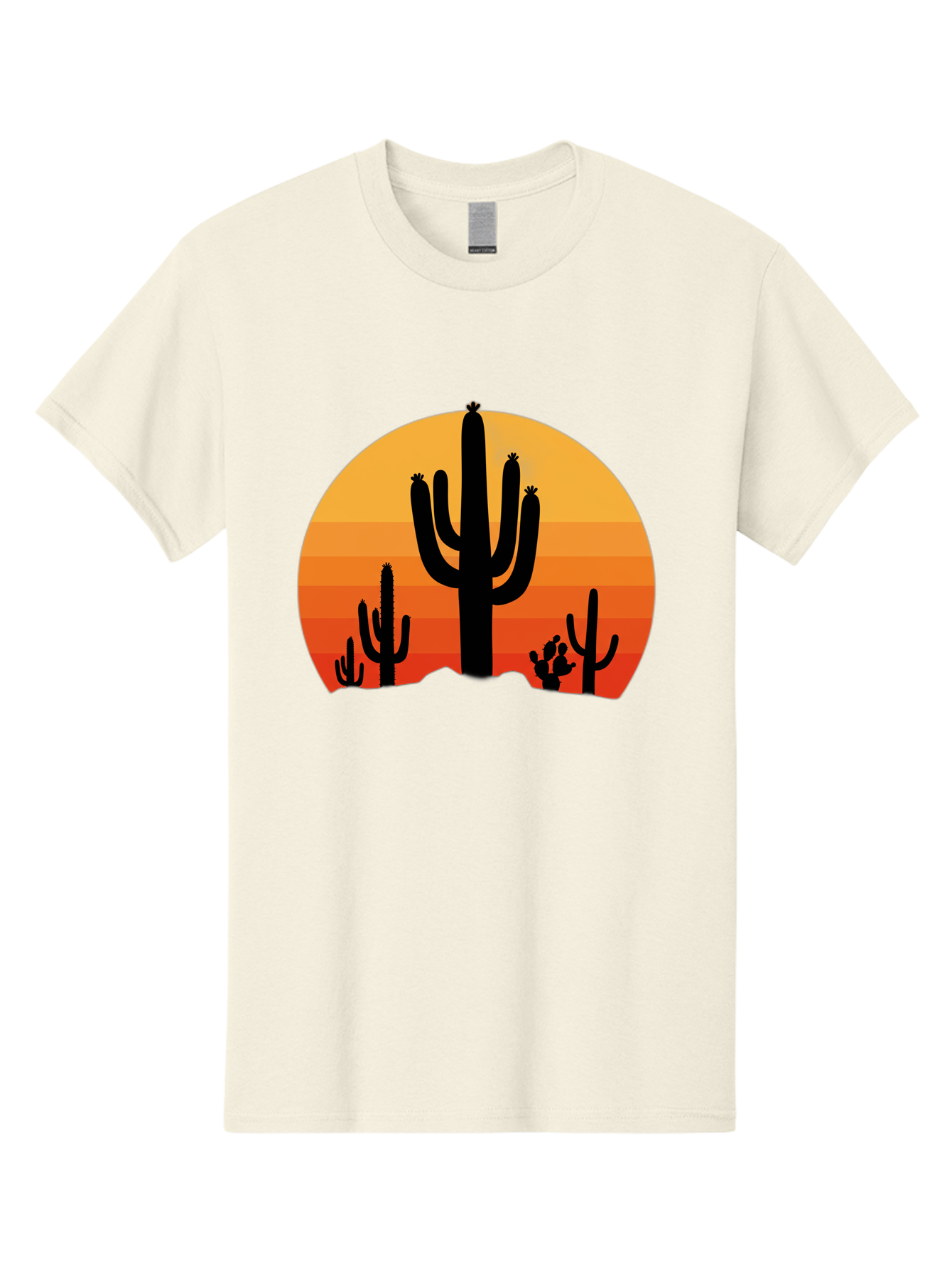 Desert-Sunset Men'S Graphic Tee, 100% Cotton, Comfortable Casual Summer Wear, Machine Washable, Desert Landscape, Cactus Silhouette, Sunset Colors, Orange Gradient, Warm Tones, Arid Scenery, Natural Beauty Bac997