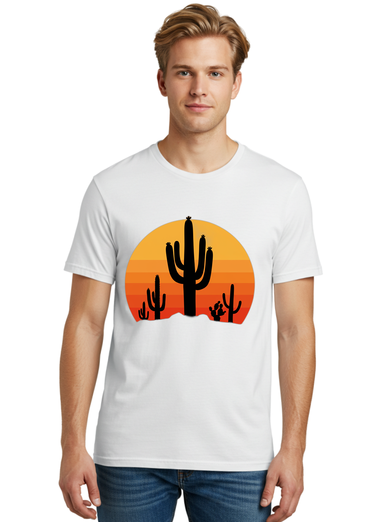 Desert-Sunset Men'S Graphic Tee, 100% Cotton, Comfortable Casual Summer Wear, Machine Washable, Desert Landscape, Cactus Silhouette, Sunset Colors, Orange Gradient, Warm Tones, Arid Scenery, Natural Beauty Bac997