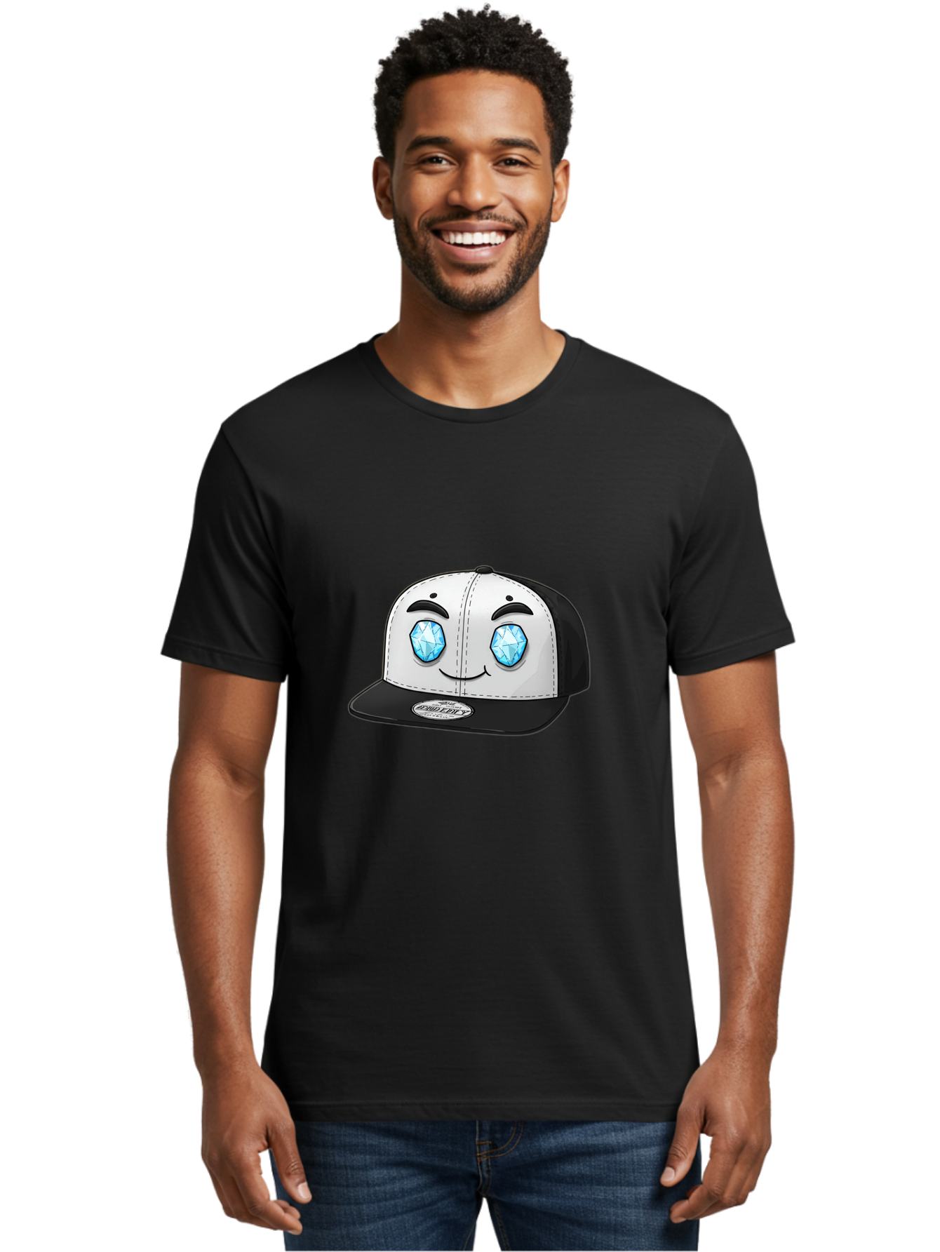 Diamond-Eyes-Cap Men'S Graphic Tee, 100% Cotton, Comfortable Casual Summer Wear, Machine Washable, Cartoon Hat, Black And White Cap, Diamond Eyes, Smiling Face, Streetwear Fashion, Urban Style, Cool Accessories, Trendy Clothing Bac998