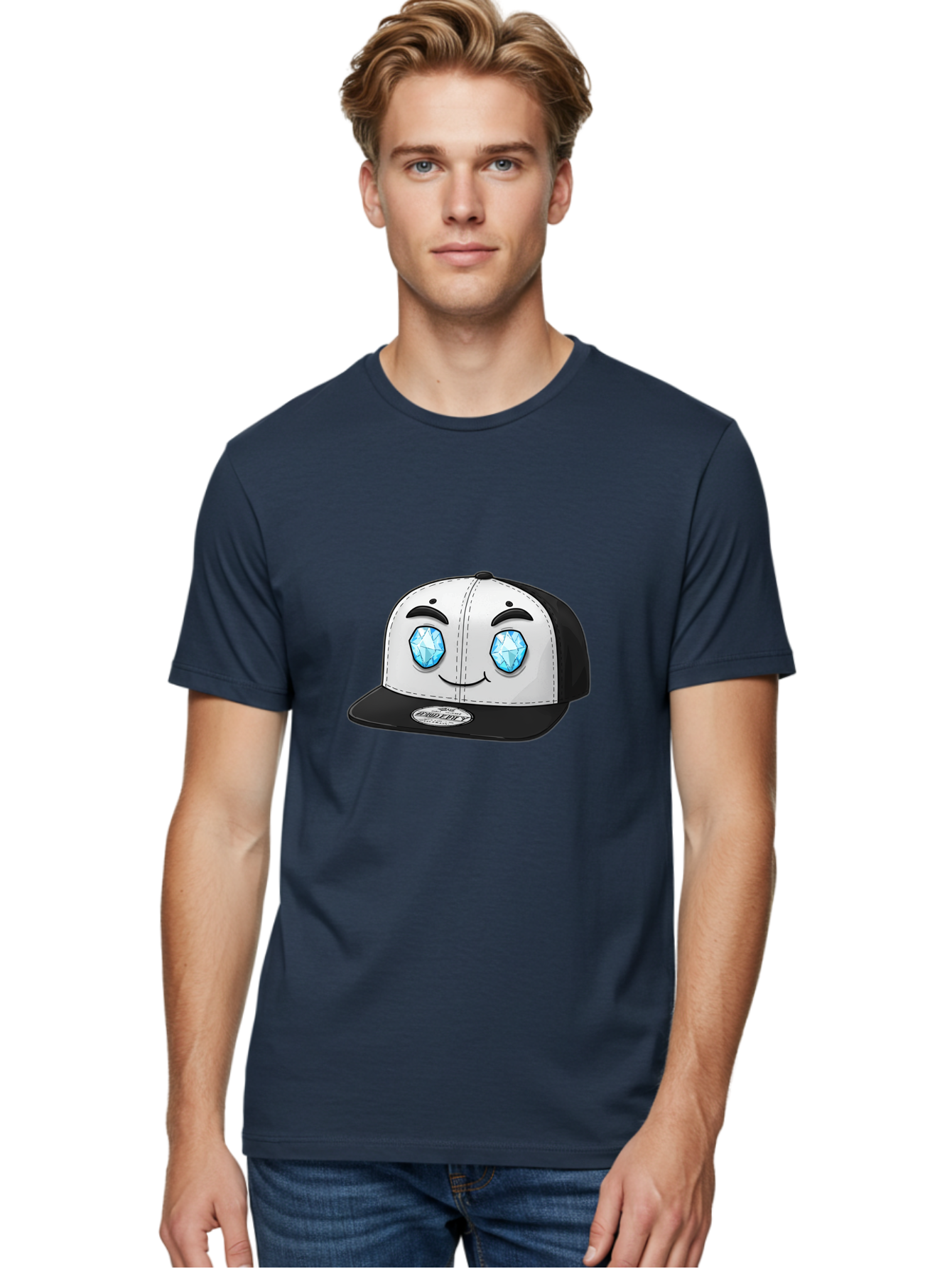 Diamond-Eyes-Cap Men'S Graphic Tee, 100% Cotton, Comfortable Casual Summer Wear, Machine Washable, Cartoon Hat, Black And White Cap, Diamond Eyes, Smiling Face, Streetwear Fashion, Urban Style, Cool Accessories, Trendy Clothing Bac998