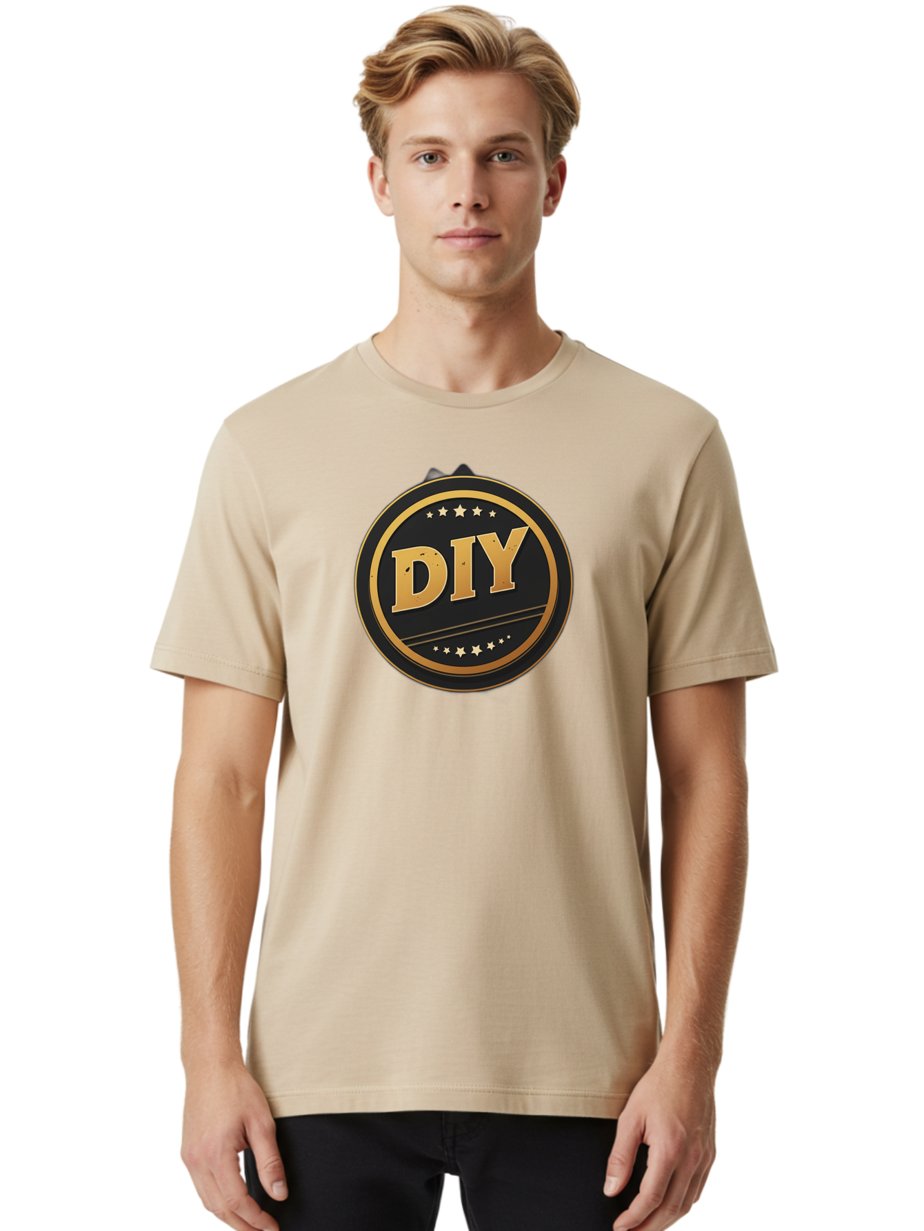 Diy-1 Men'S Graphic Tee, 100% Cotton, Comfortable Casual Summer Wear, Machine Washable, Diy Logo, Gold Lettering, Circular Design, Stars, Handmade, Crafting, Home Improvement, Diy Projects, Creative Ideas Bad009