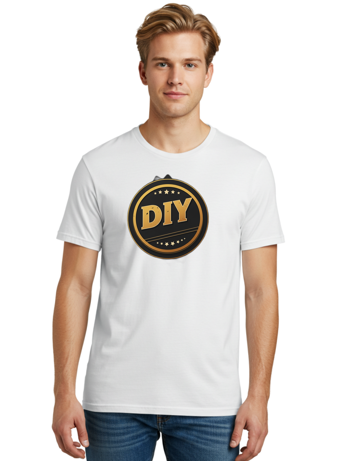 Diy-1 Men'S Graphic Tee, 100% Cotton, Comfortable Casual Summer Wear, Machine Washable, Diy Logo, Gold Lettering, Circular Design, Stars, Handmade, Crafting, Home Improvement, Diy Projects, Creative Ideas Bad009