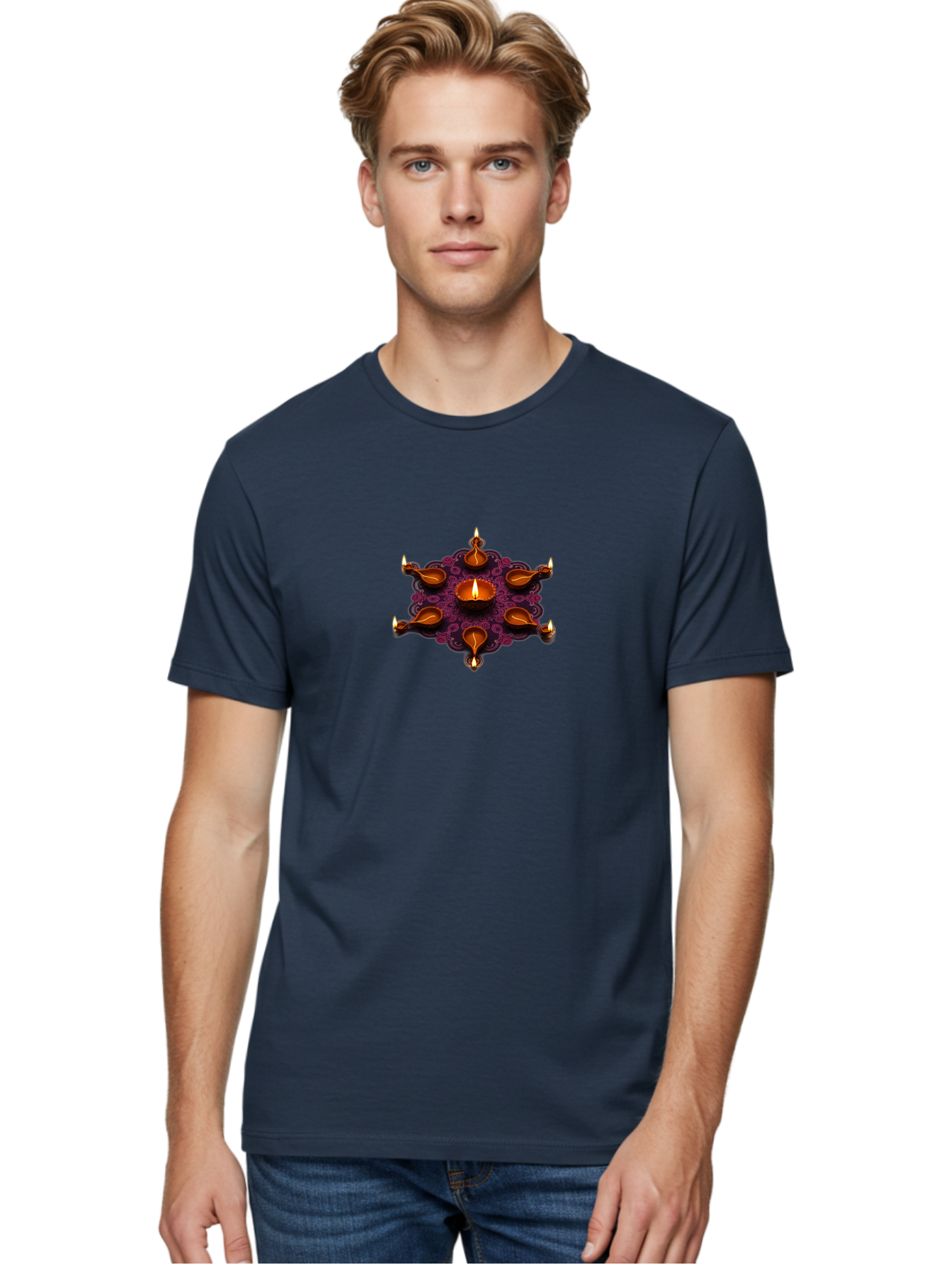 Diya-Diwali Men'S Graphic Tee, 100% Cotton, Comfortable Casual Summer Wear, Machine Washable, Diwali Diya, Clay Lamps, Oil Lamp, Traditional Indian Lighting, Diwali Decorations, Festive Atmosphere, Hindu Festival, Celebration, Indian Culture, Bad017