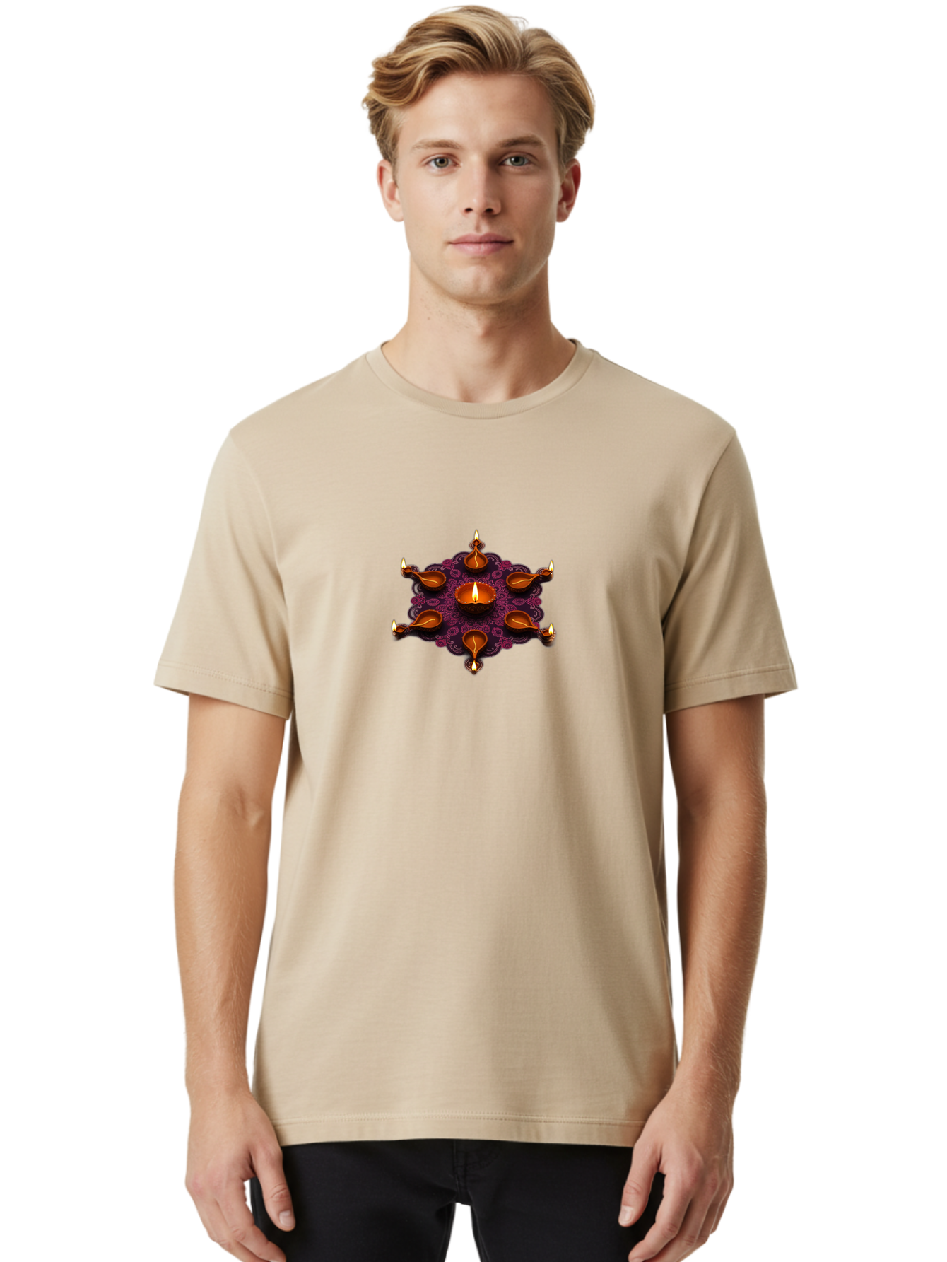 Diya-Diwali Men'S Graphic Tee, 100% Cotton, Comfortable Casual Summer Wear, Machine Washable, Diwali Diya, Clay Lamps, Oil Lamp, Traditional Indian Lighting, Diwali Decorations, Festive Atmosphere, Hindu Festival, Celebration, Indian Culture, Bad017