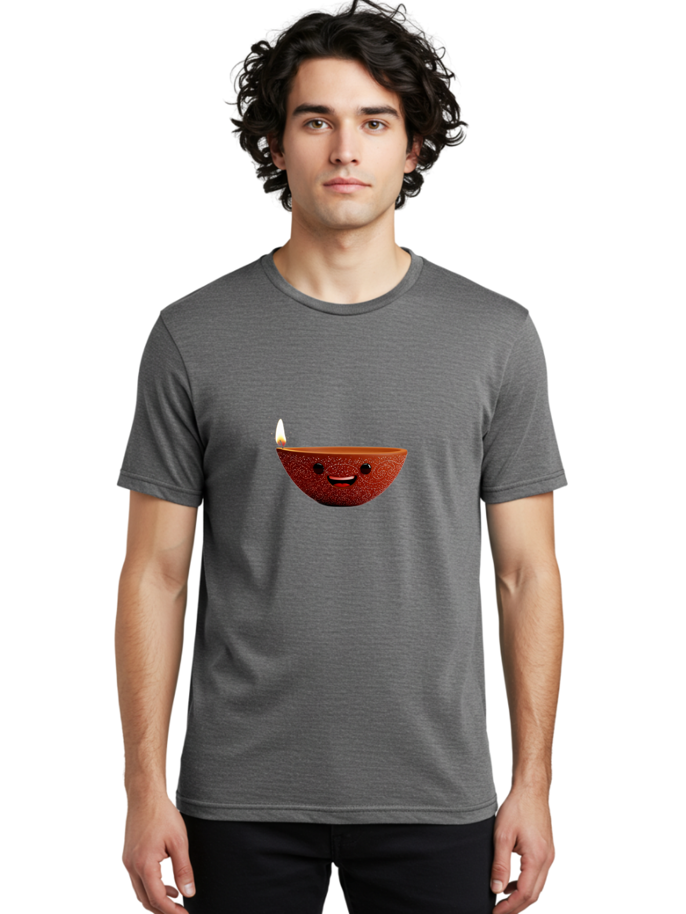 Diya-Lamp-1 Men'S Graphic Tee, 100% Cotton, Comfortable Casual Summer Wear, Machine Washable, Clay Diya Lamp, Decorative Lamp, Lit Candle, Happy Face, Traditional Indian, Festive Mood, Diwali Celebration, Warm Glow Bad018